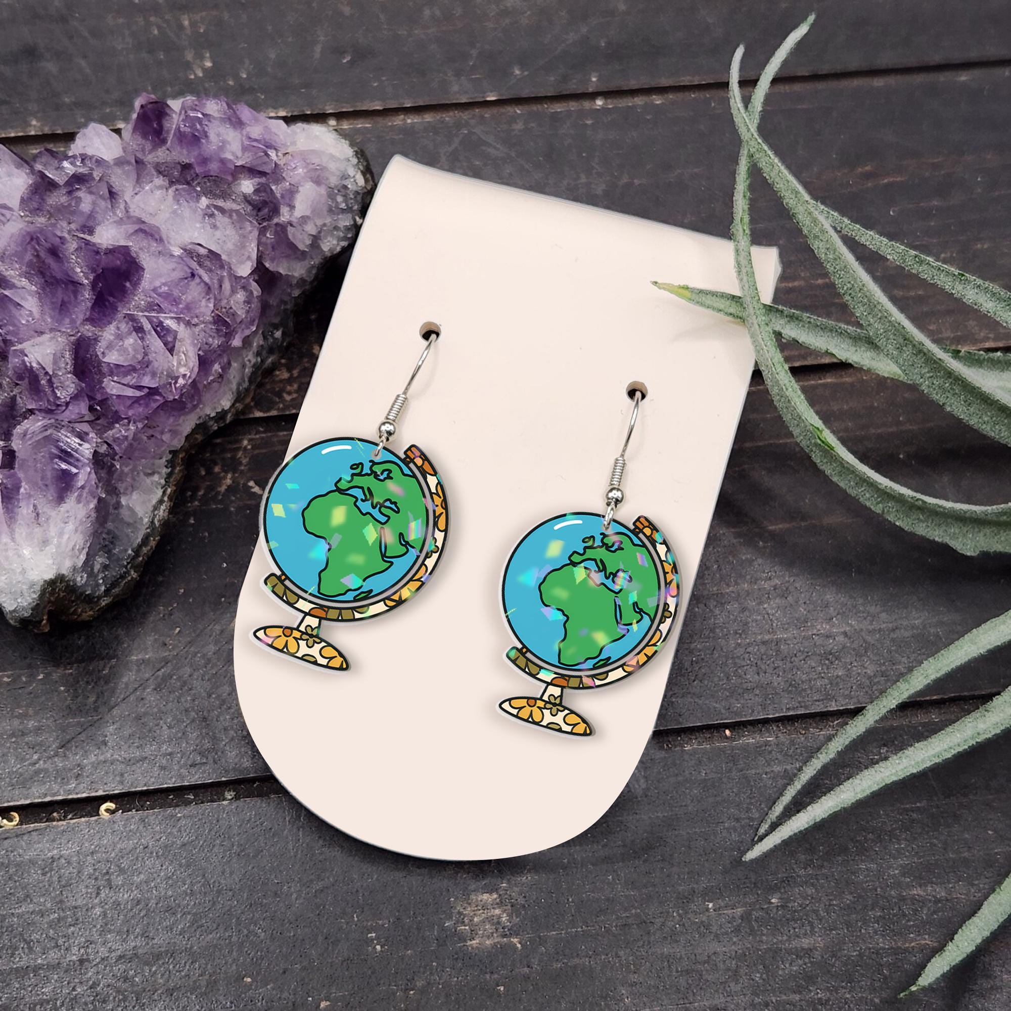 Globe Earrings for Teachers, Floral World Map Dangle Earrings, Geography Gift, Back to School Jewelry for Educators and Travelers, Teachers
