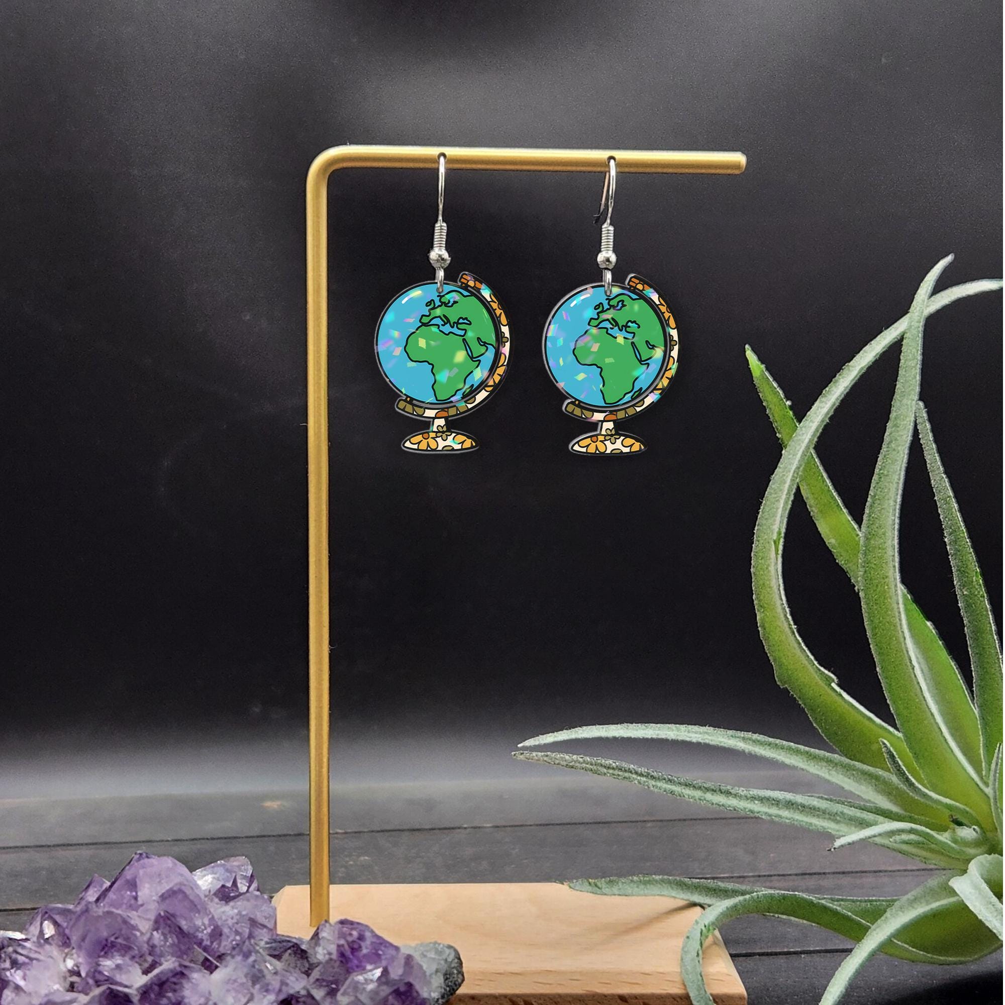 Globe Earrings for Teachers, Floral World Map Dangle Earrings, Geography Gift, Back to School Jewelry for Educators and Travelers, Teachers