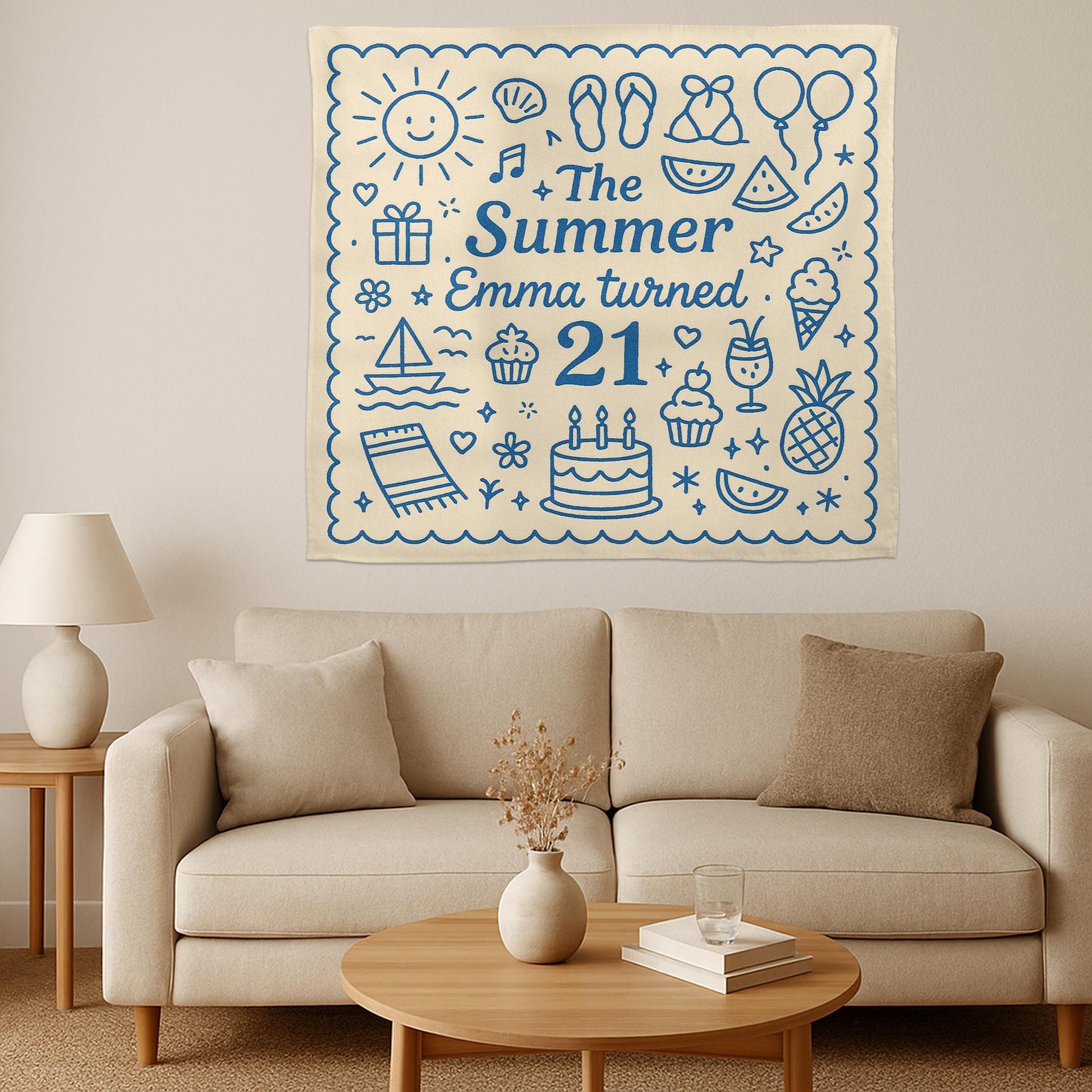 Summer Birthday Tapestry, Custom Name Age Wall Banner, 21st Birthday Party Backdrop, Personalized Summer Decor, Celebration Sign