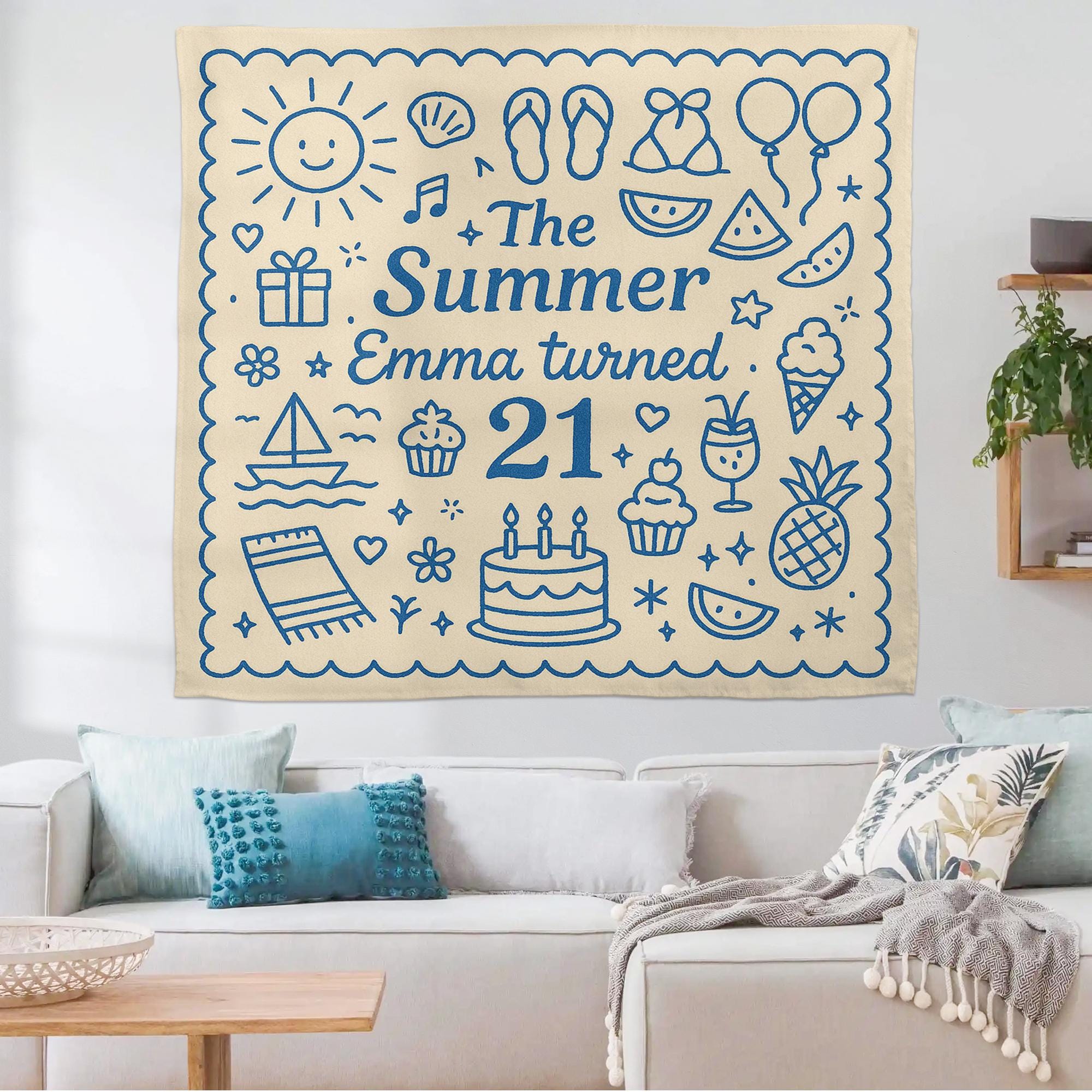 Summer Birthday Tapestry, Custom Name Age Wall Banner, 21st Birthday Party Backdrop, Personalized Summer Decor, Celebration Sign