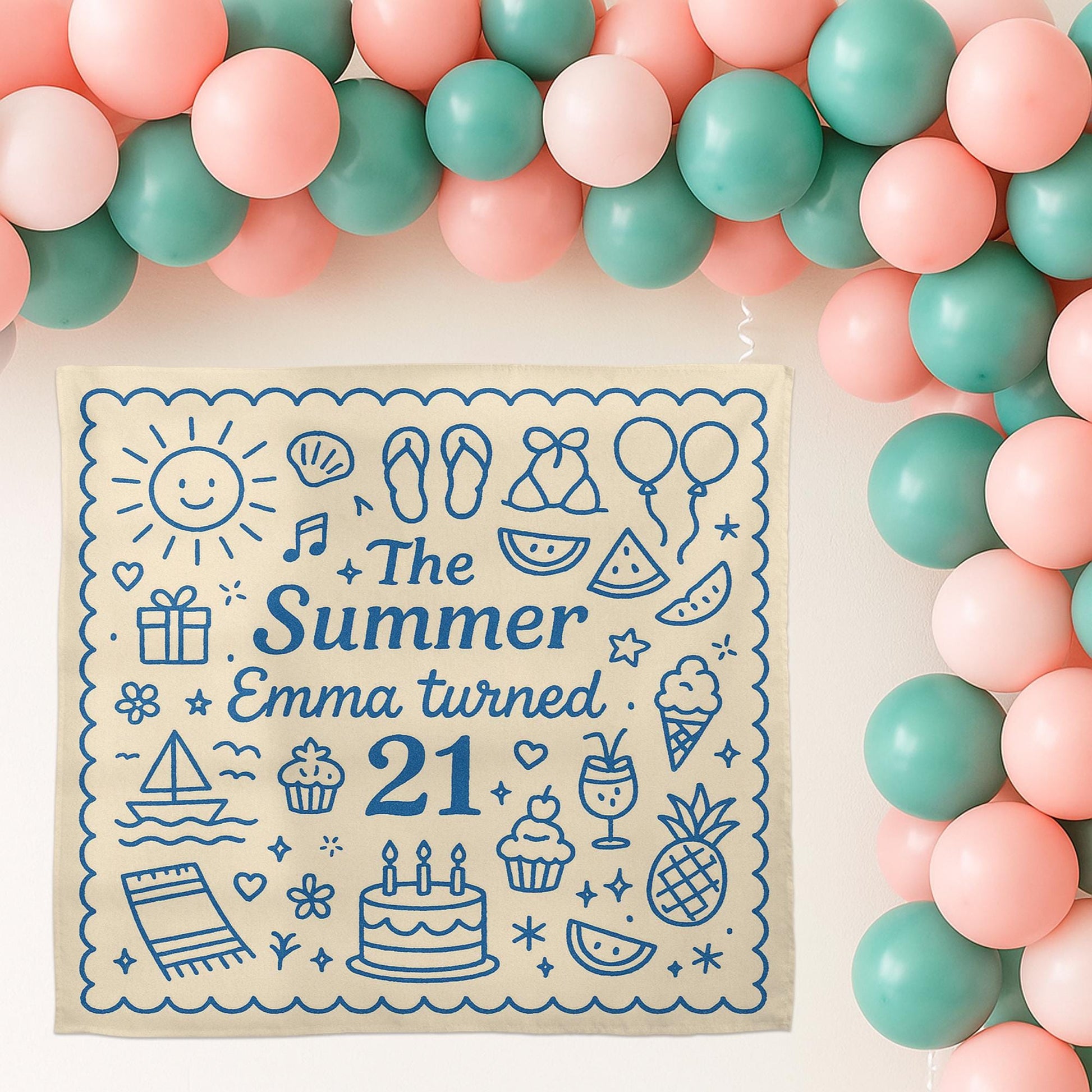 Summer Birthday Tapestry, Custom Name Age Wall Banner, 21st Birthday Party Backdrop, Personalized Summer Decor, Celebration Sign