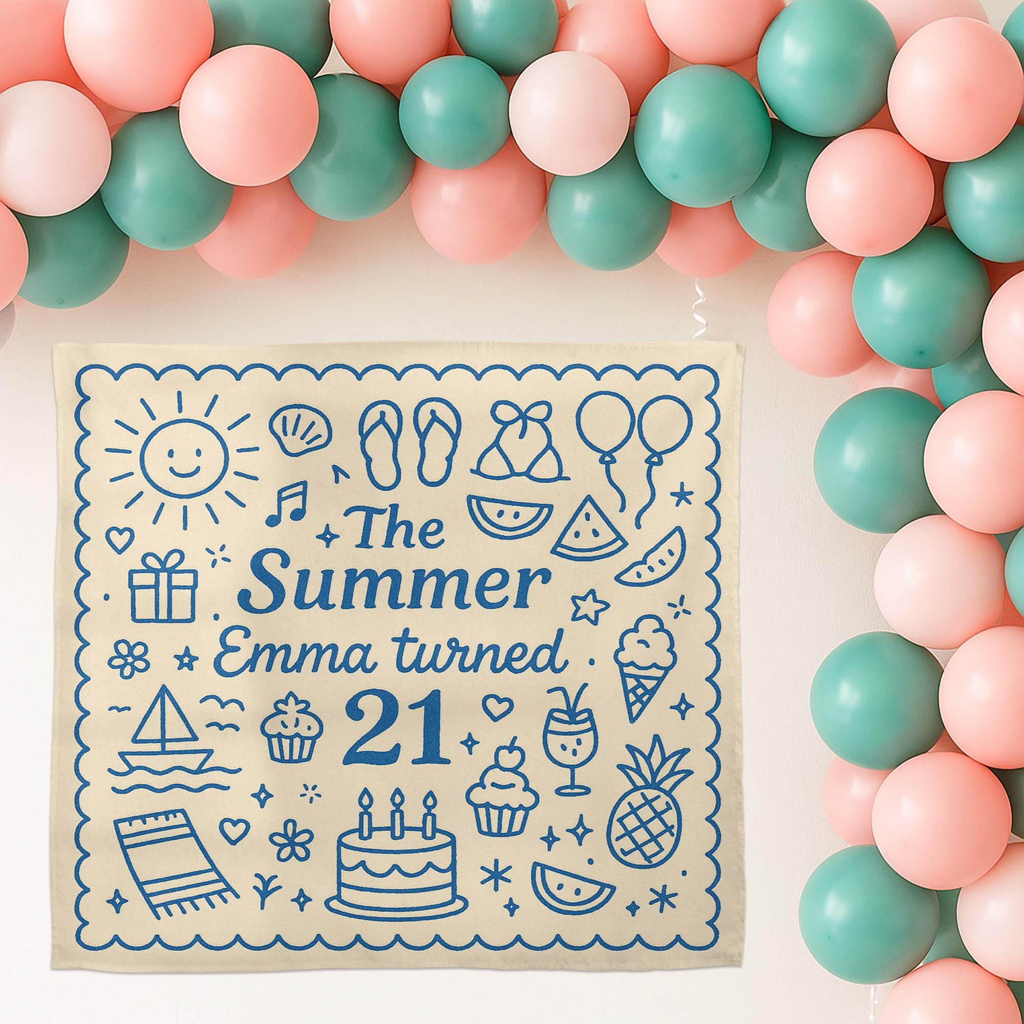 Summer Birthday Tapestry, Custom Name Age Wall Banner, 21st Birthday Party Backdrop, Personalized Summer Decor, Celebration Sign