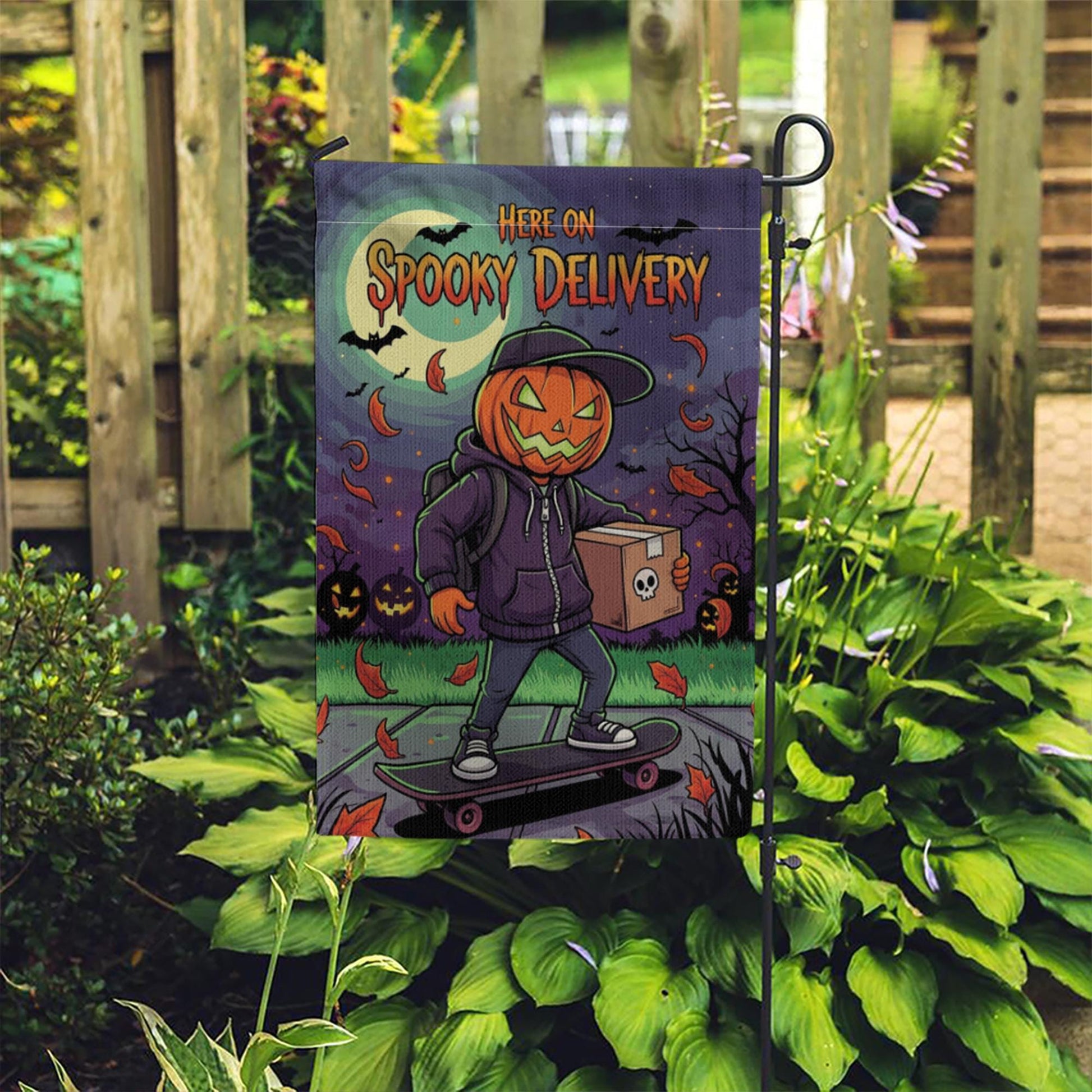 Spooky Delivery Garden Flag, Halloween Pumpkin Skater Yard Decor, Trick or Treat Home Outdoor Banner