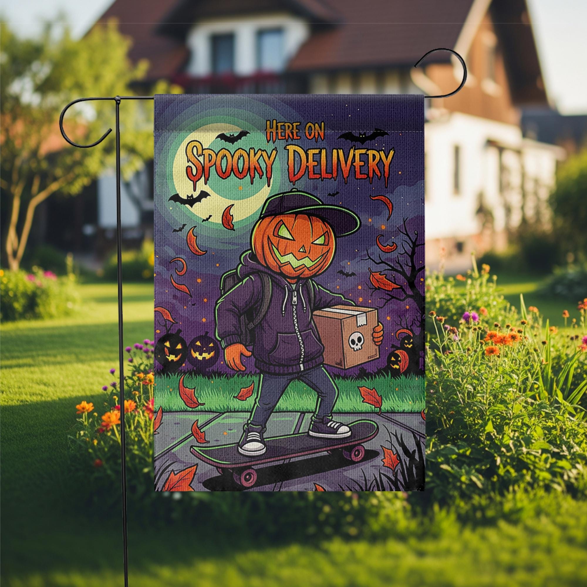 Spooky Delivery Garden Flag, Halloween Pumpkin Skater Yard Decor, Trick or Treat Home Outdoor Banner