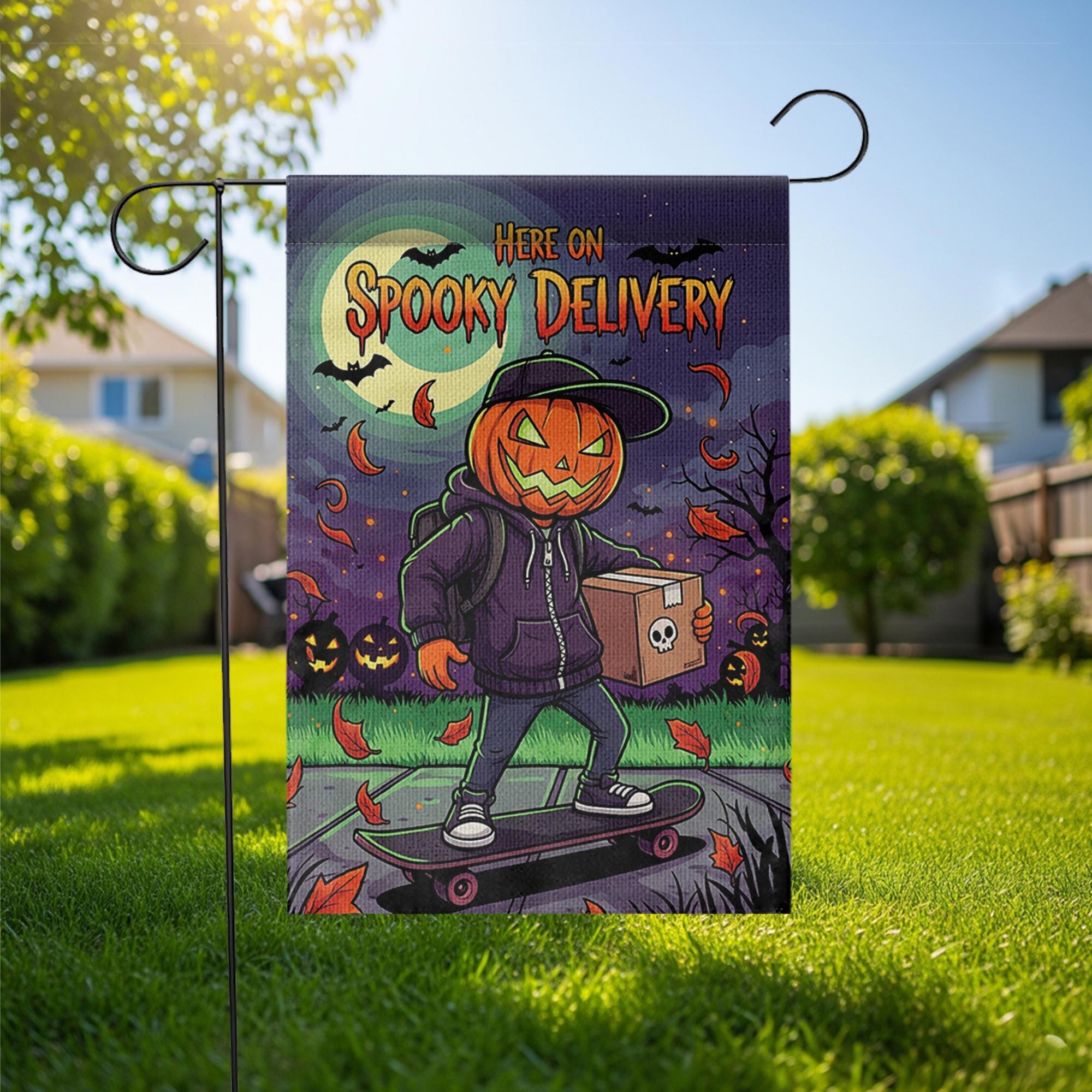 Spooky Delivery Garden Flag, Halloween Pumpkin Skater Yard Decor, Trick or Treat Home Outdoor Banner