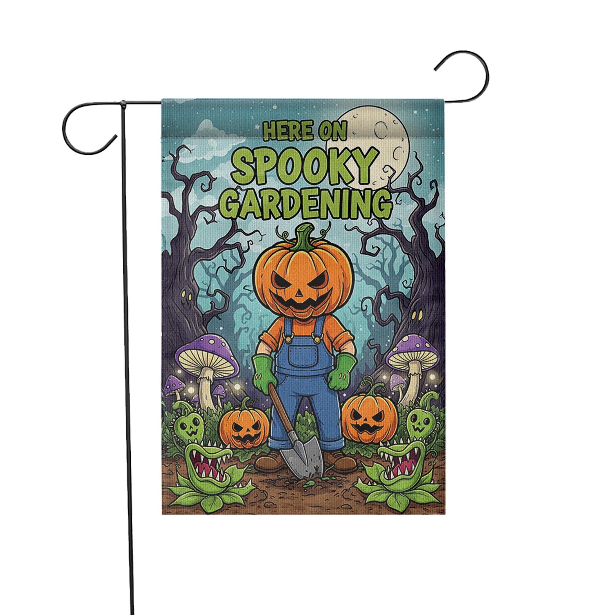 Spooky Gardening Garden Flag, Halloween Pumpkin Planter Yard Decor, Goth Outdoor Home Banner, Fall Display