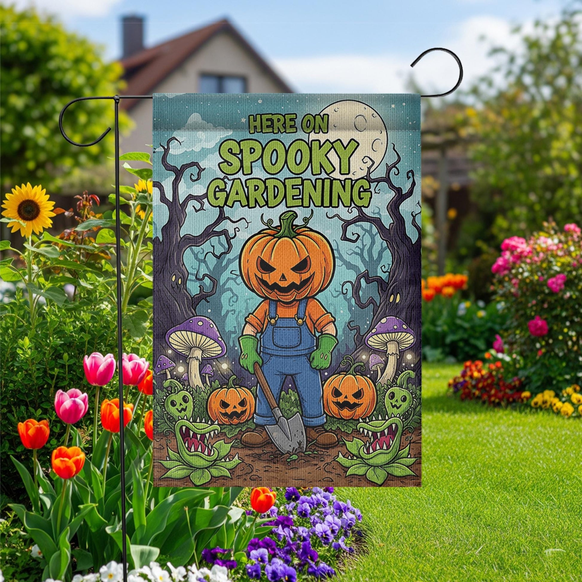 Spooky Gardening Garden Flag, Halloween Pumpkin Planter Yard Decor, Goth Outdoor Home Banner, Fall Display