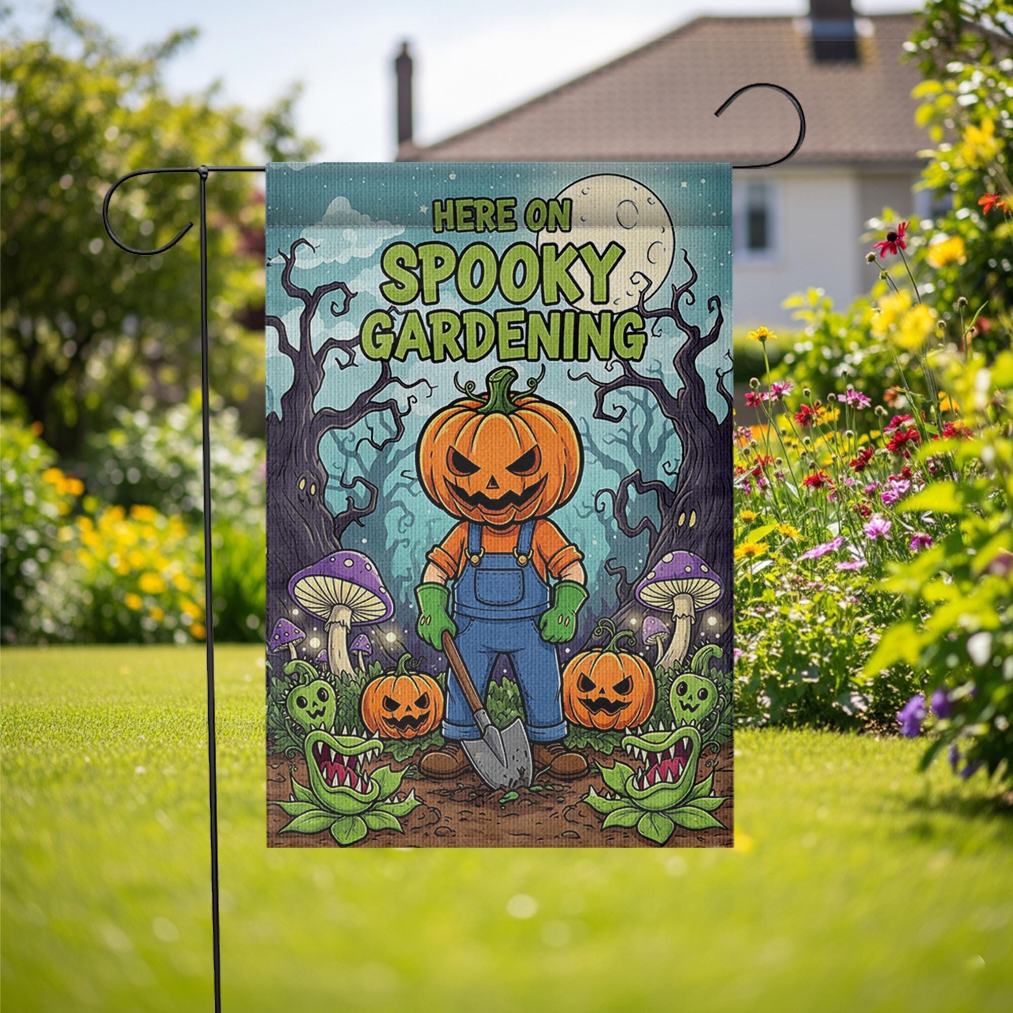 Spooky Gardening Garden Flag, Halloween Pumpkin Planter Yard Decor, Goth Outdoor Home Banner, Fall Display
