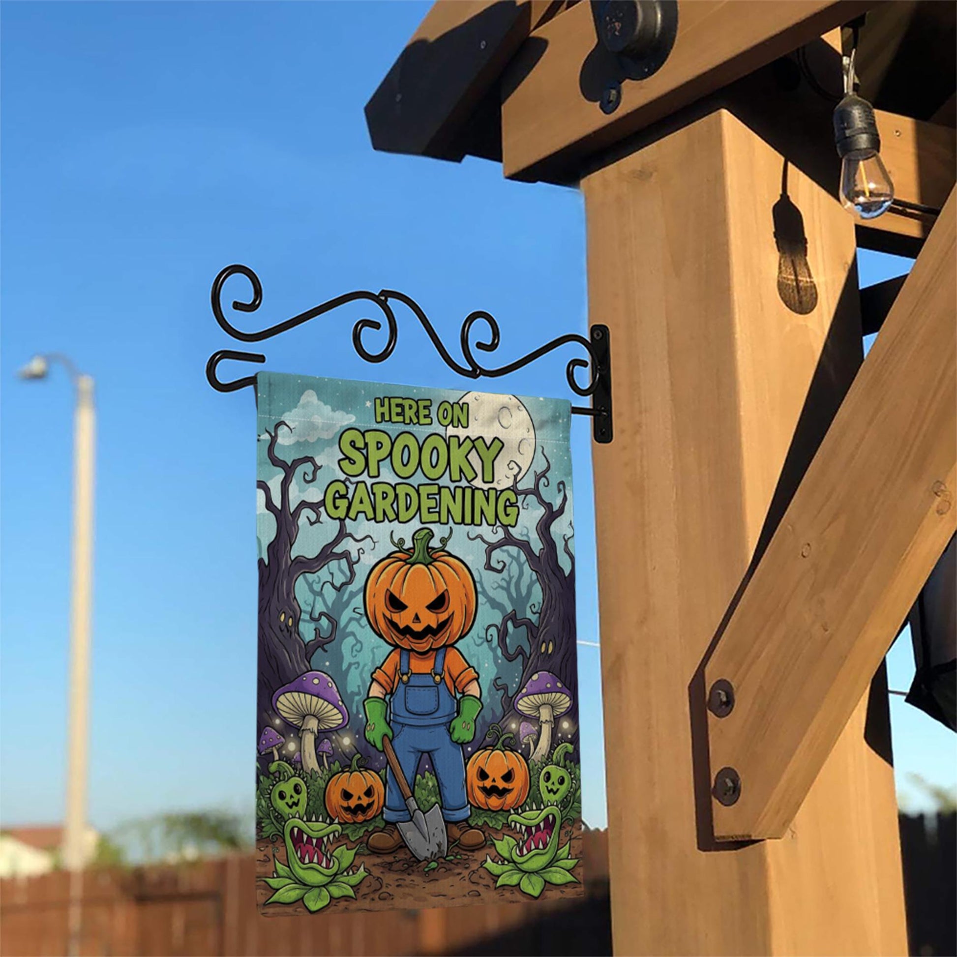 Spooky Gardening Garden Flag, Halloween Pumpkin Planter Yard Decor, Goth Outdoor Home Banner, Fall Display
