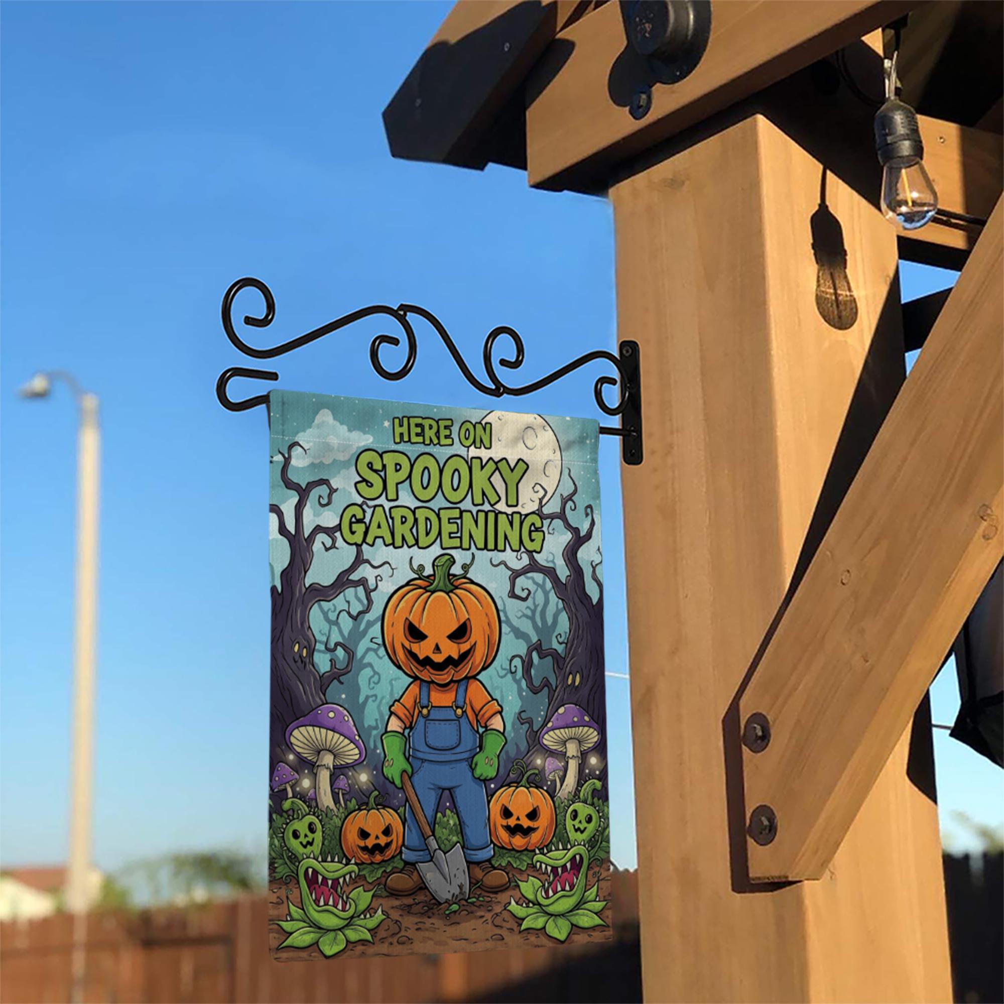 Spooky Gardening Garden Flag, Halloween Pumpkin Planter Yard Decor, Goth Outdoor Home Banner, Fall Display