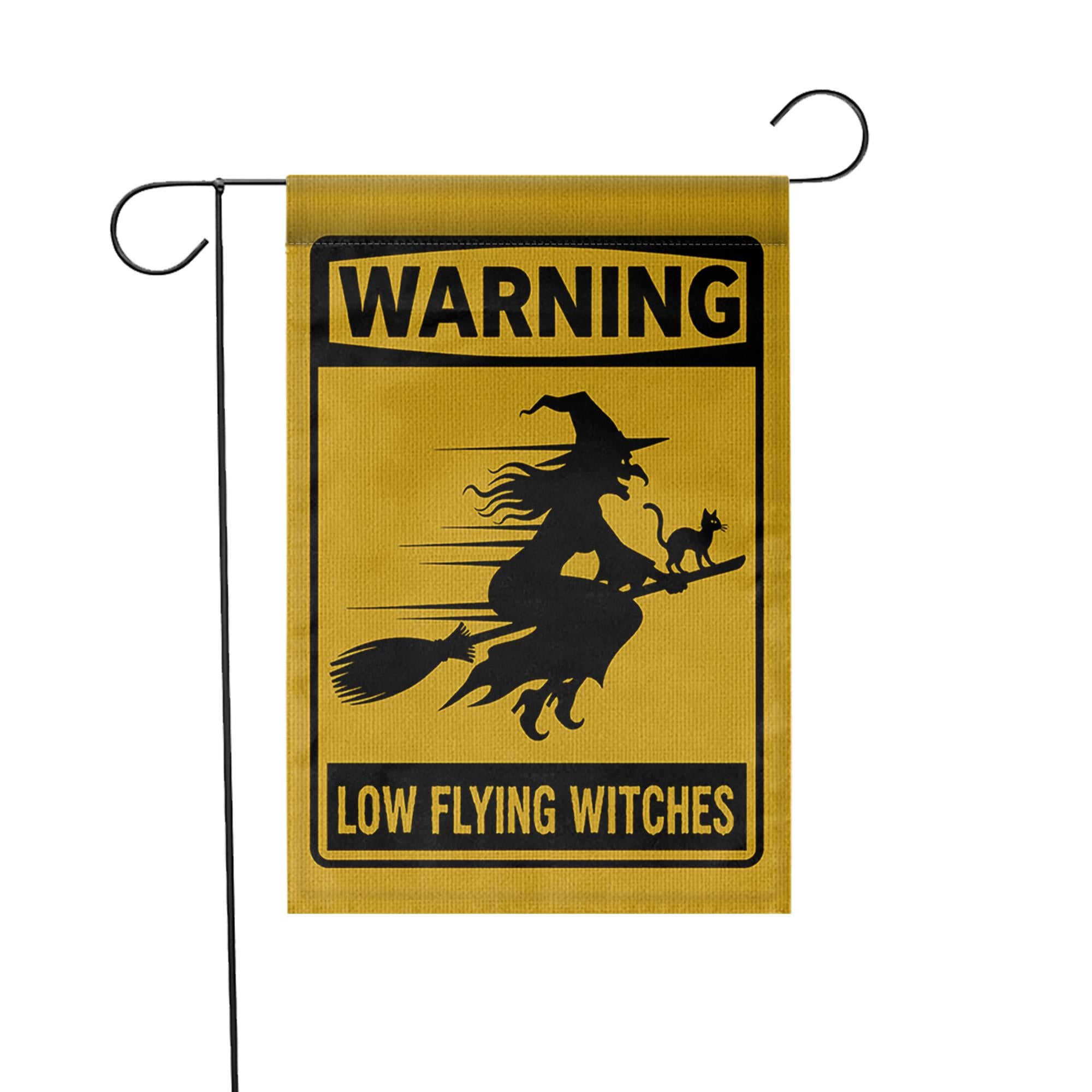 Low Flying Witches Garden Flag, Halloween Warning Sign Yard Decor, Funny Witch Home Outdoor Banner