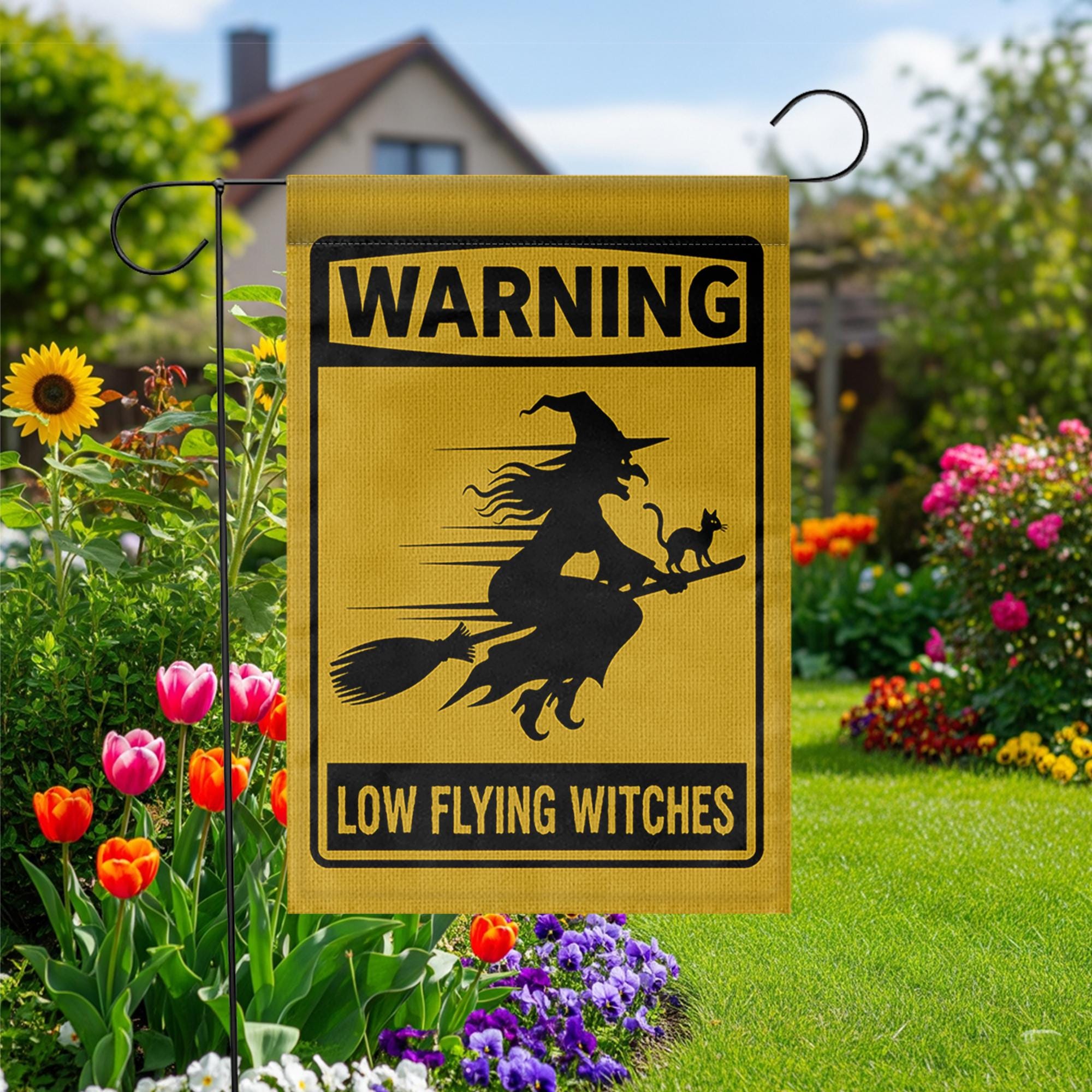 Low Flying Witches Garden Flag, Halloween Warning Sign Yard Decor, Funny Witch Home Outdoor Banner