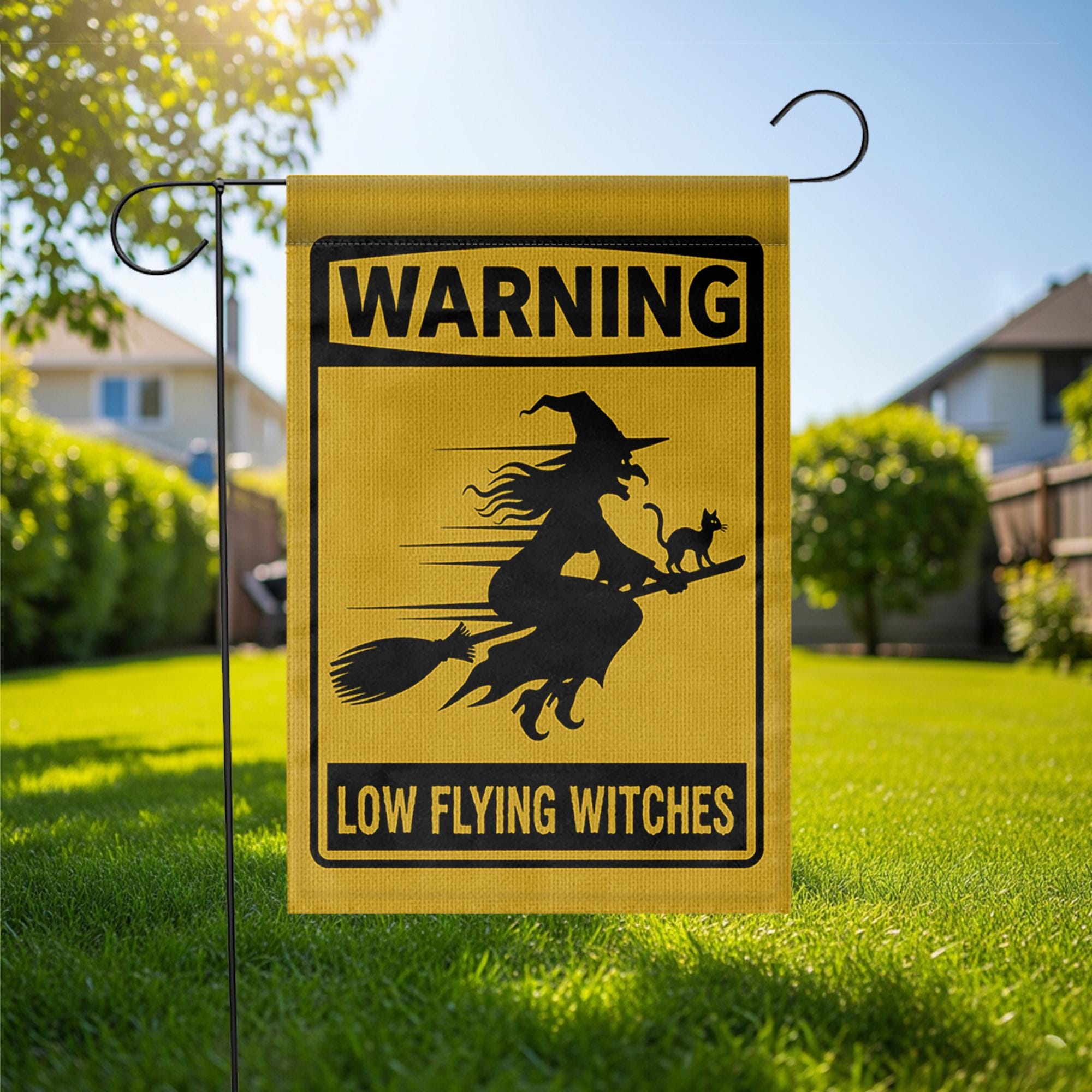 Low Flying Witches Garden Flag, Halloween Warning Sign Yard Decor, Funny Witch Home Outdoor Banner