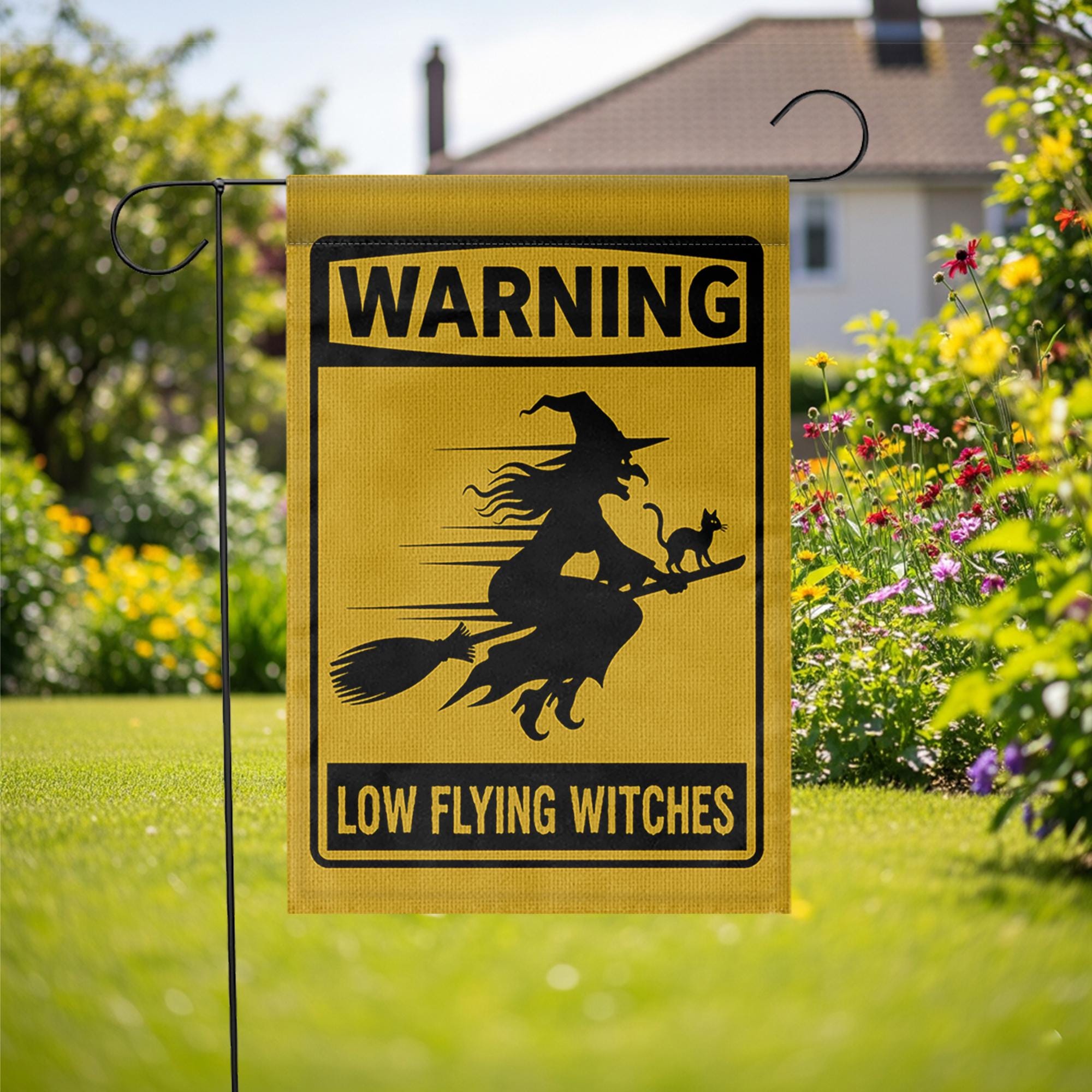 Low Flying Witches Garden Flag, Halloween Warning Sign Yard Decor, Funny Witch Home Outdoor Banner