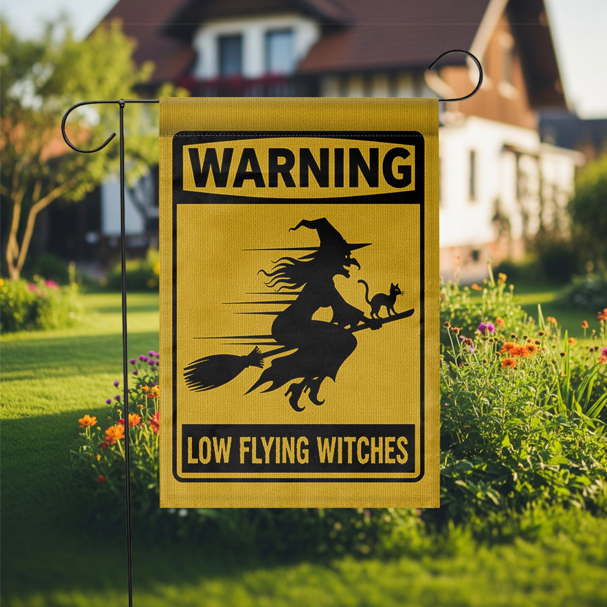 Low Flying Witches Garden Flag, Halloween Warning Sign Yard Decor, Funny Witch Home Outdoor Banner