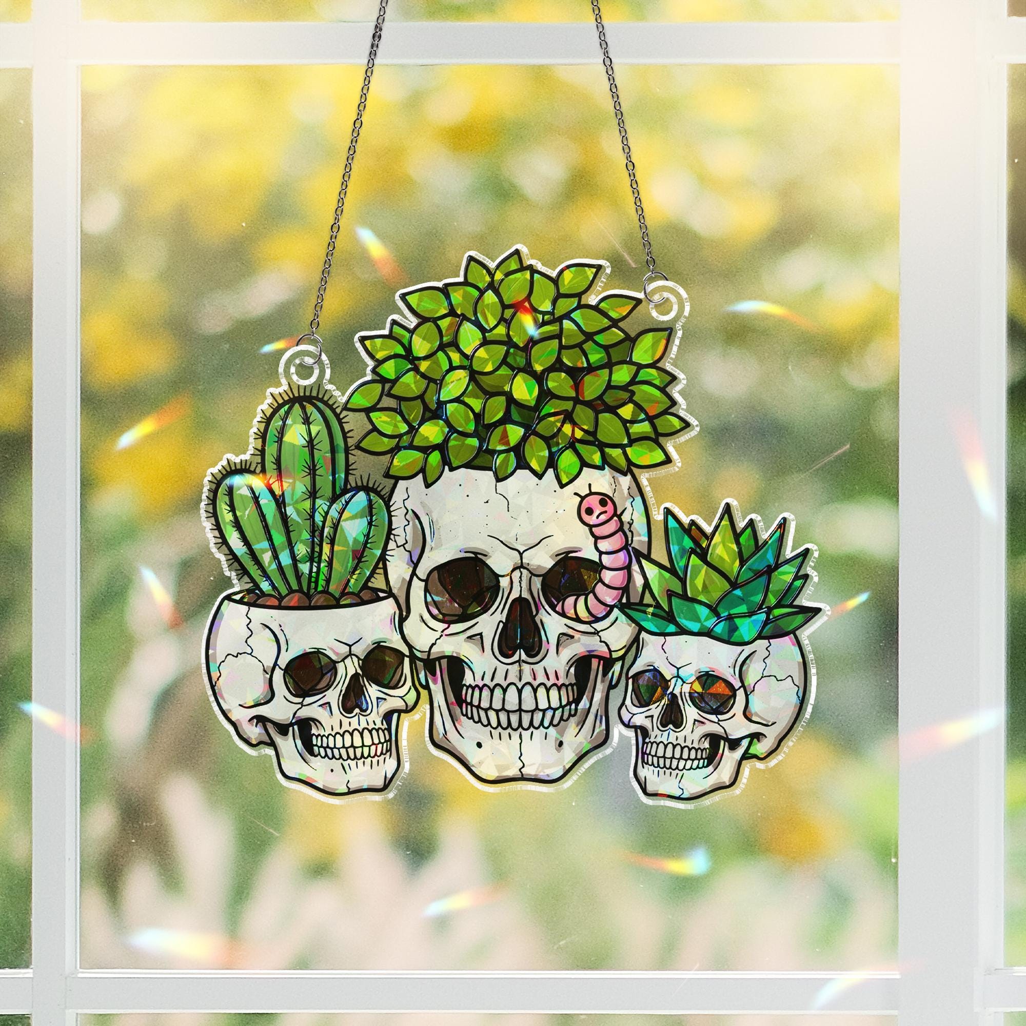 Skull Succulent Suncatcher, Gothic Planter Window Decor, Unique Macabre Home Art, Cactus Stained Glass Effect