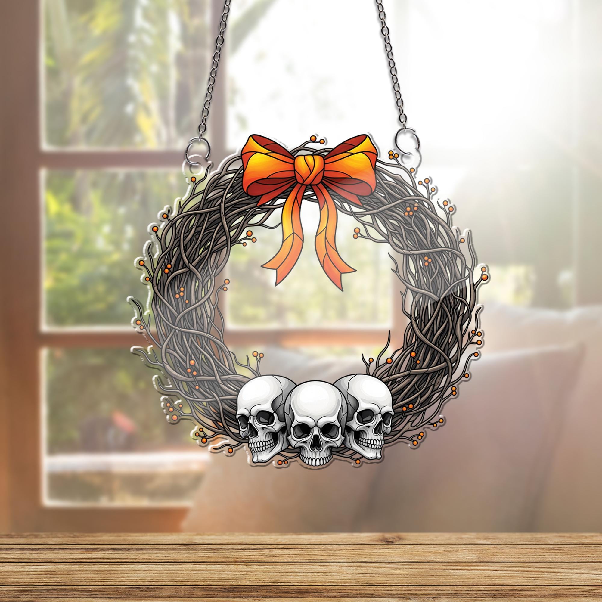 Halloween Skull Wreath Ornament , Gothic Window Decoration, Spooky Autumn Home Decor, Macabre Holiday Gift