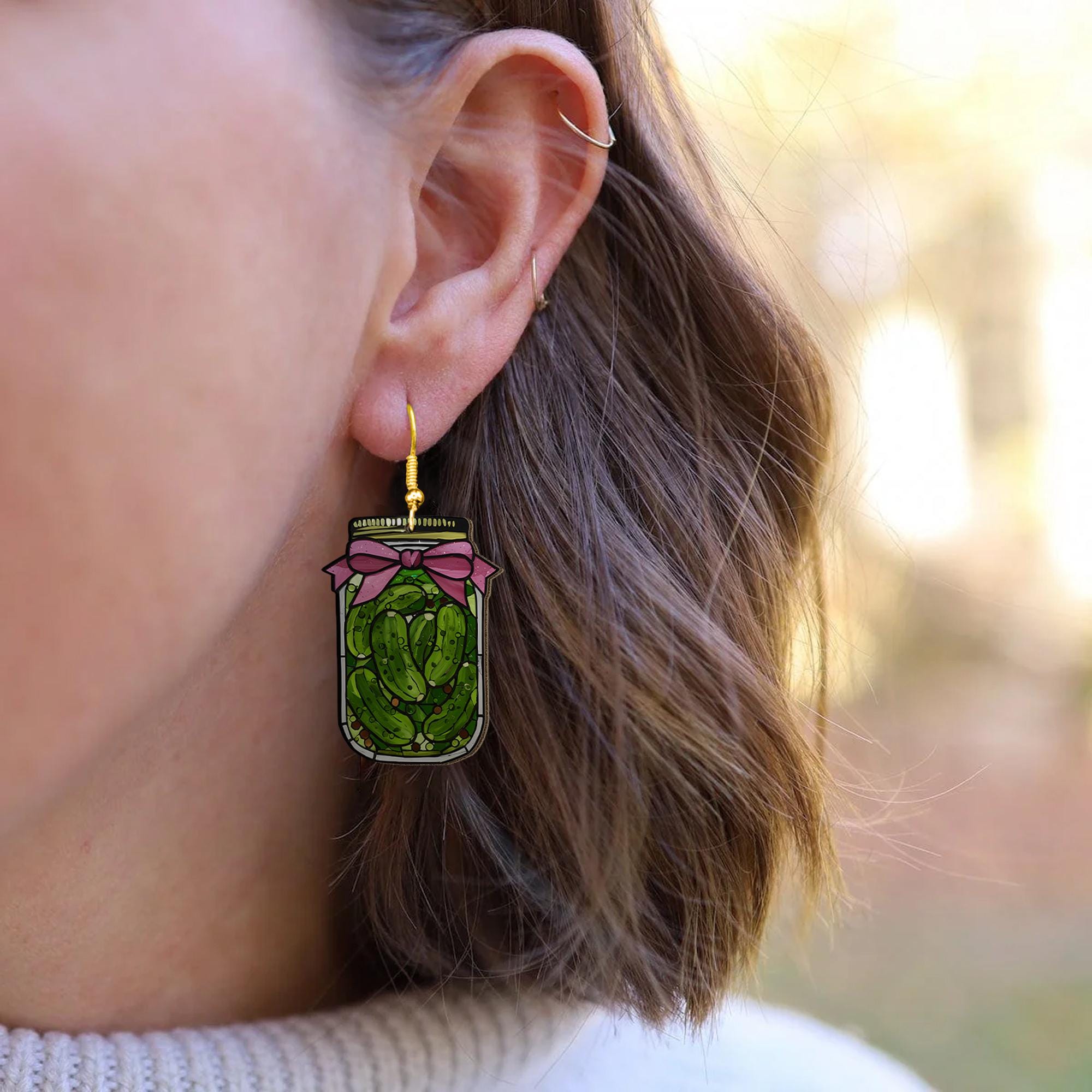 Pickle Jar Earrings, Funny Food Jewelry for Her, Cute Acrylic Dangle Earrings, Quirky Gift for Pickle Lover or Coquette pickle jar