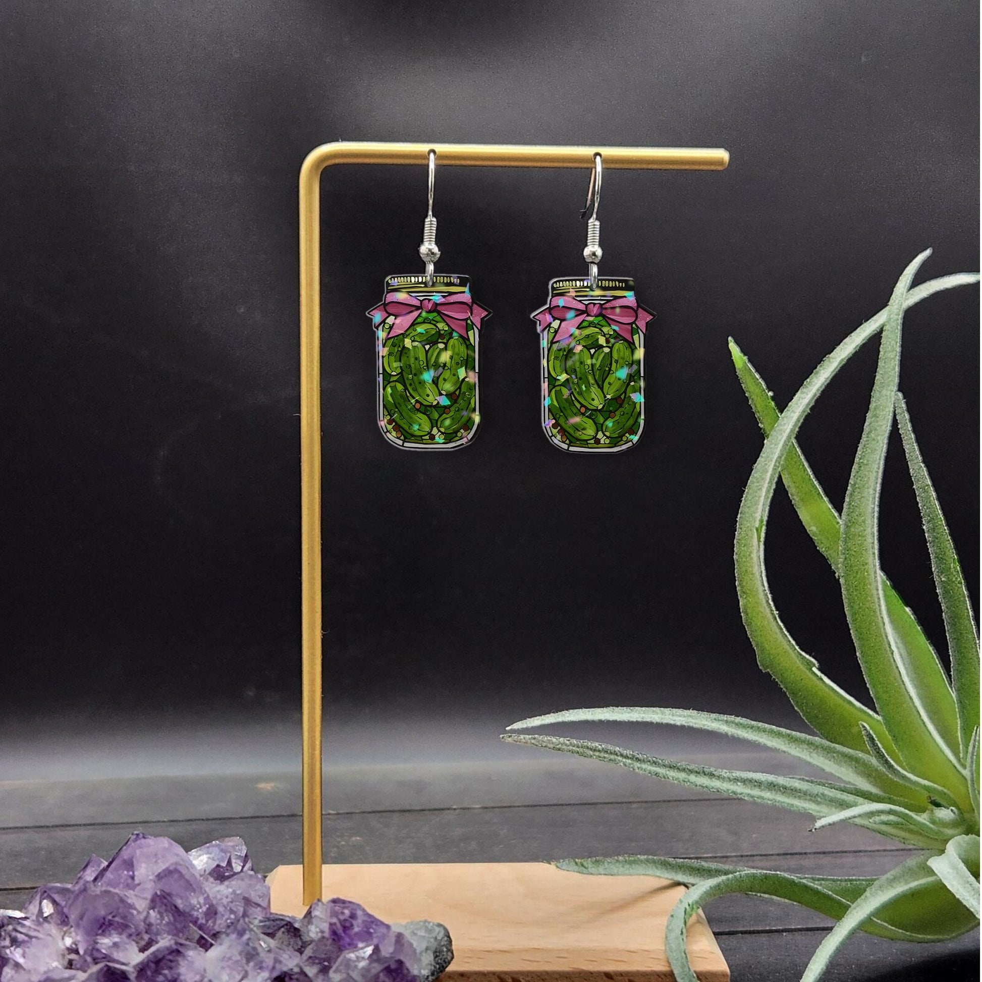 Pickle Jar Earrings, Funny Food Jewelry for Her, Cute Acrylic Dangle Earrings, Quirky Gift for Pickle Lover or Coquette pickle jar