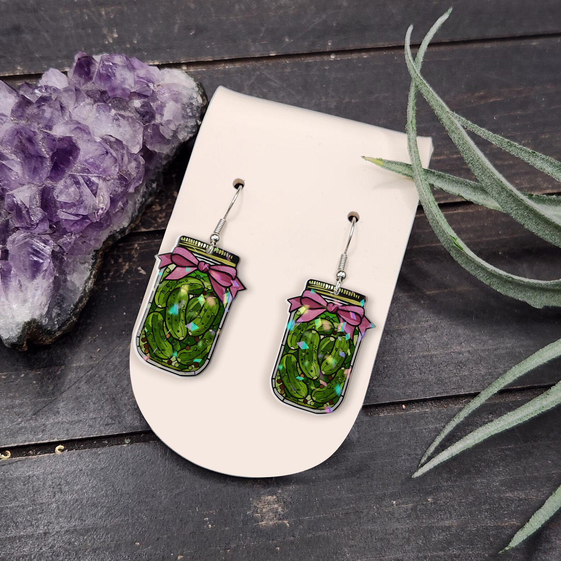 Pickle Jar Earrings, Funny Food Jewelry for Her, Cute Acrylic Dangle Earrings, Quirky Gift for Pickle Lover or Coquette pickle jar
