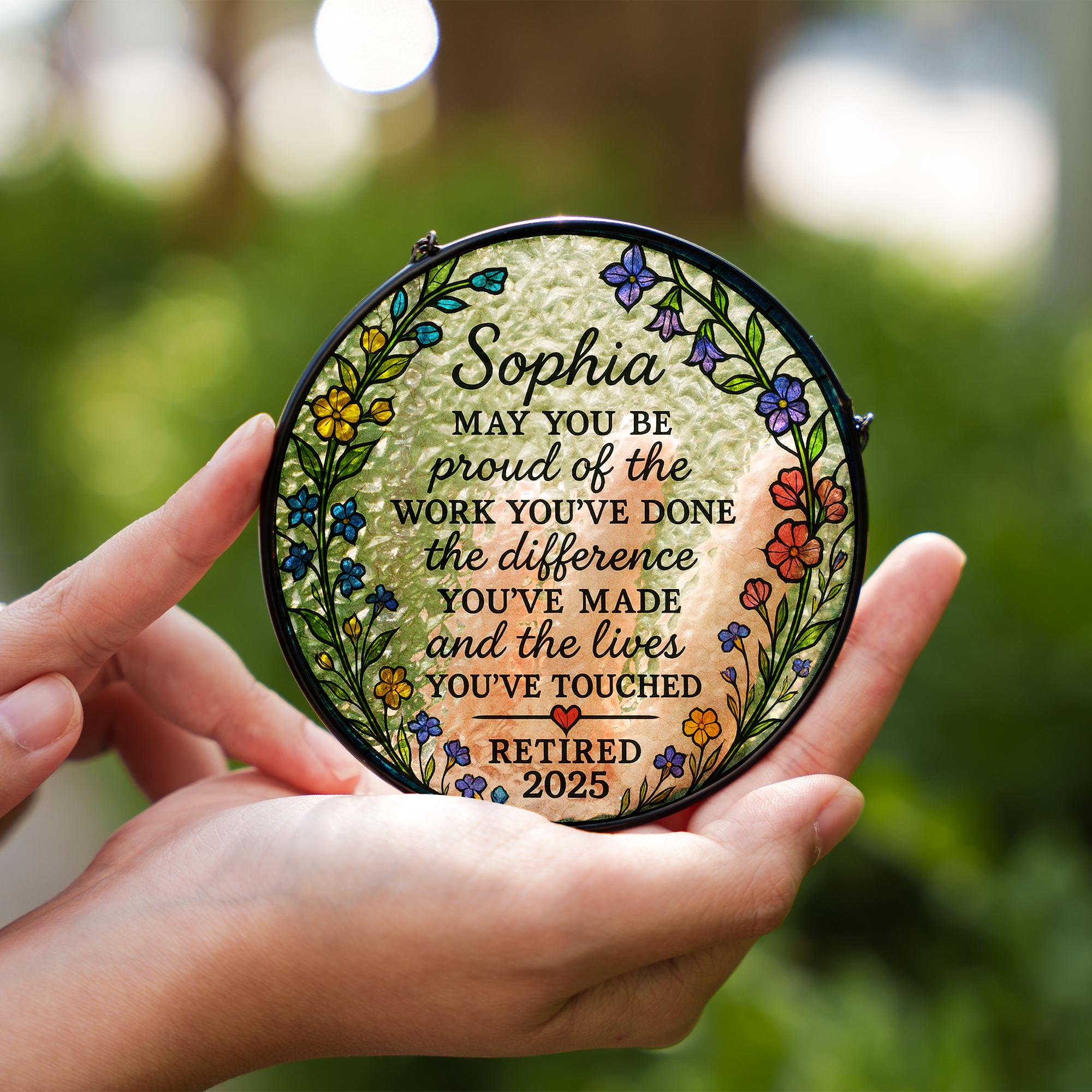 Personalized Retirement Suncatcher Gift for Women, Custom Glass Plaque for Teacher Nurse Coworker, Retired 2025 Keepsake Decor