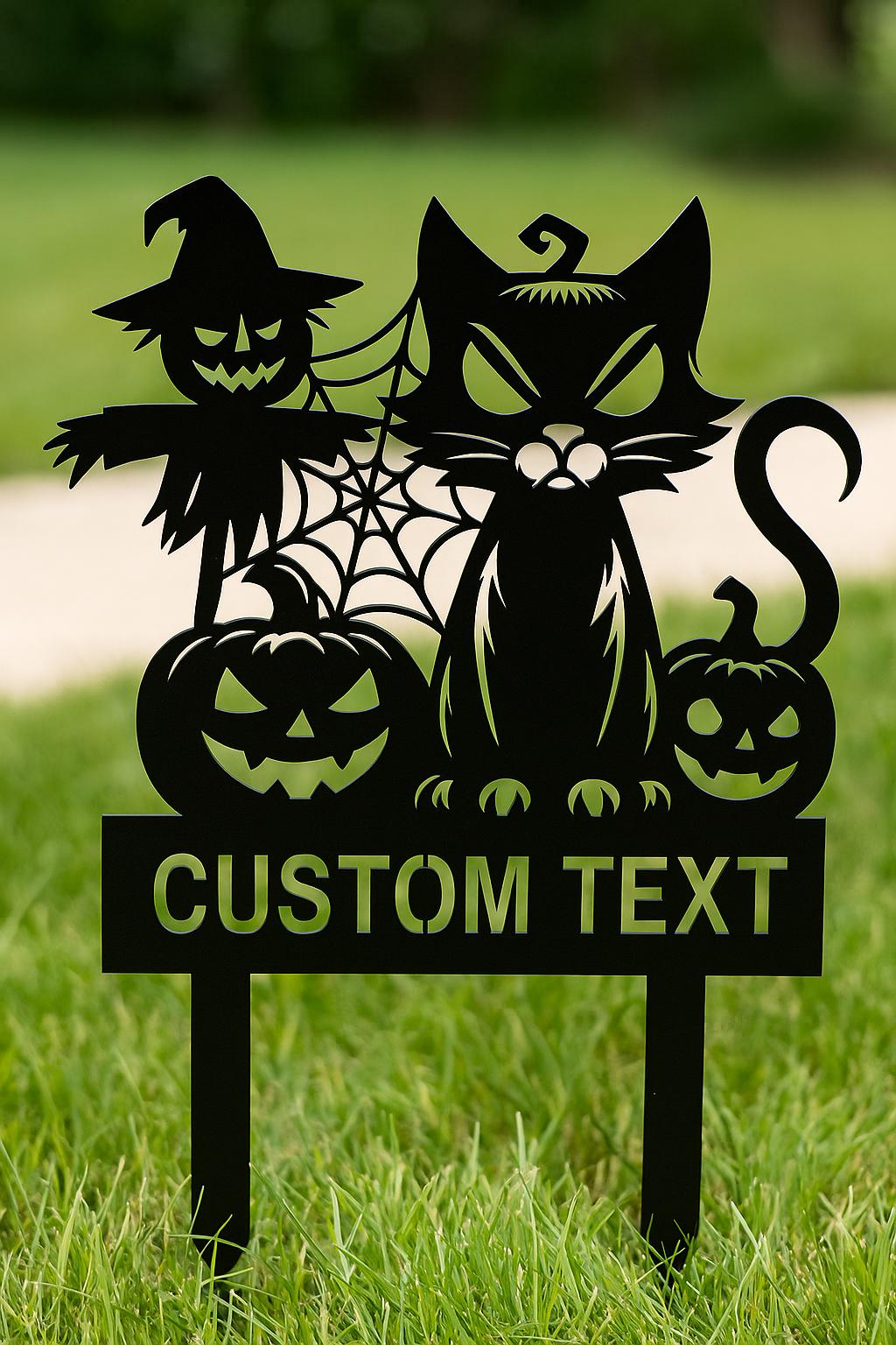 Personalized Halloween Black Cat Yard Sign, Custom Metal Garden Stake, Spooky Scarecrow & Pumpkin Outdoor Lawn Decor