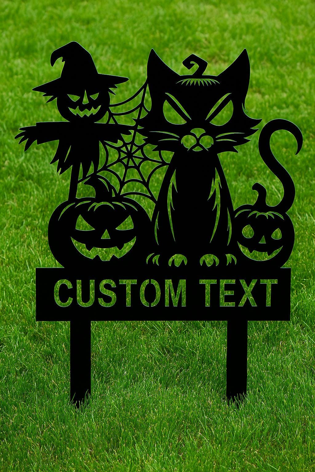 Personalized Halloween Black Cat Yard Sign, Custom Metal Garden Stake, Spooky Scarecrow & Pumpkin Outdoor Lawn Decor
