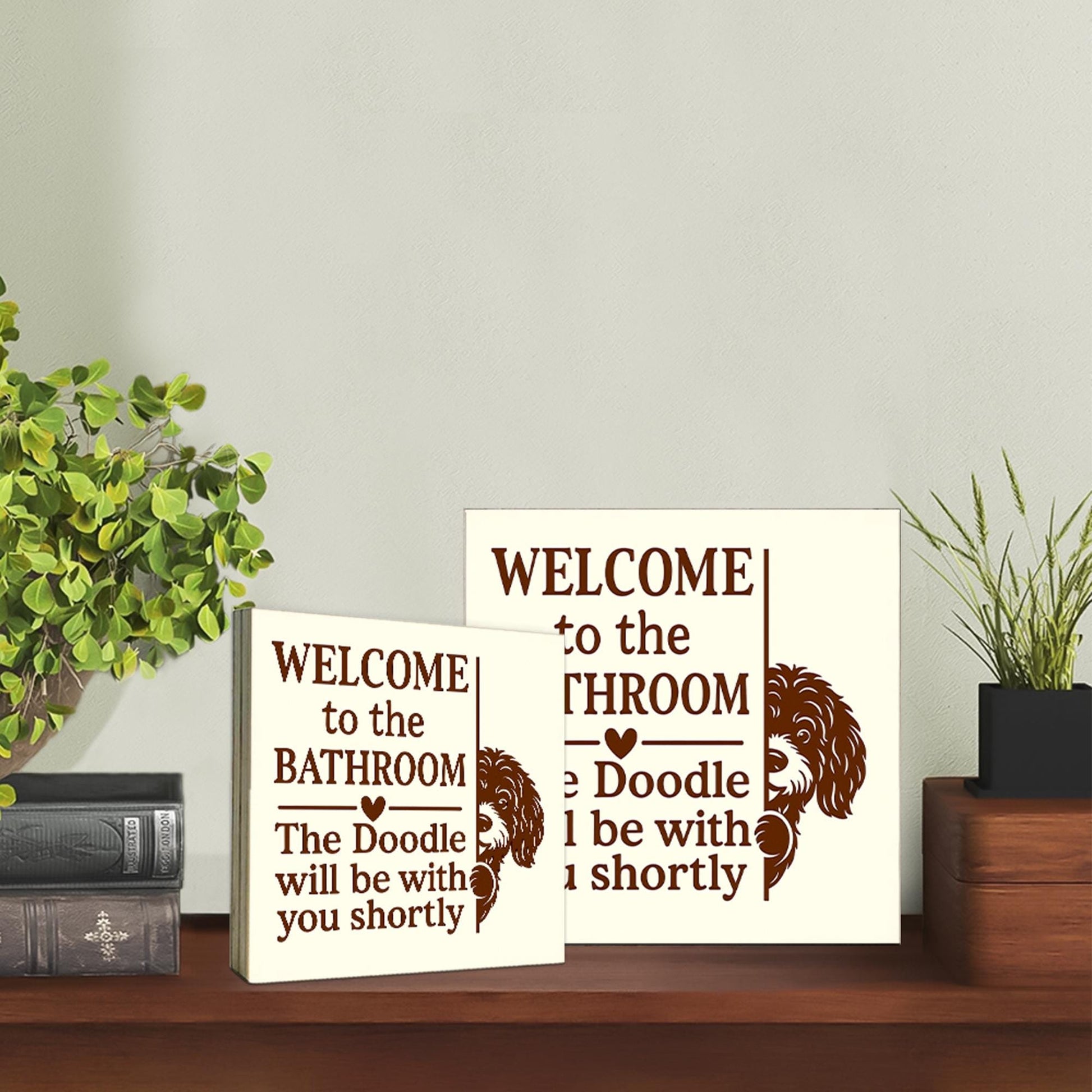 Funny Custom Dog Breed Bathroom Sign, Wooden Wall Decor for Pet Lovers, Doodle Poop Joke Plaque, Personalized Bathroom Gift
