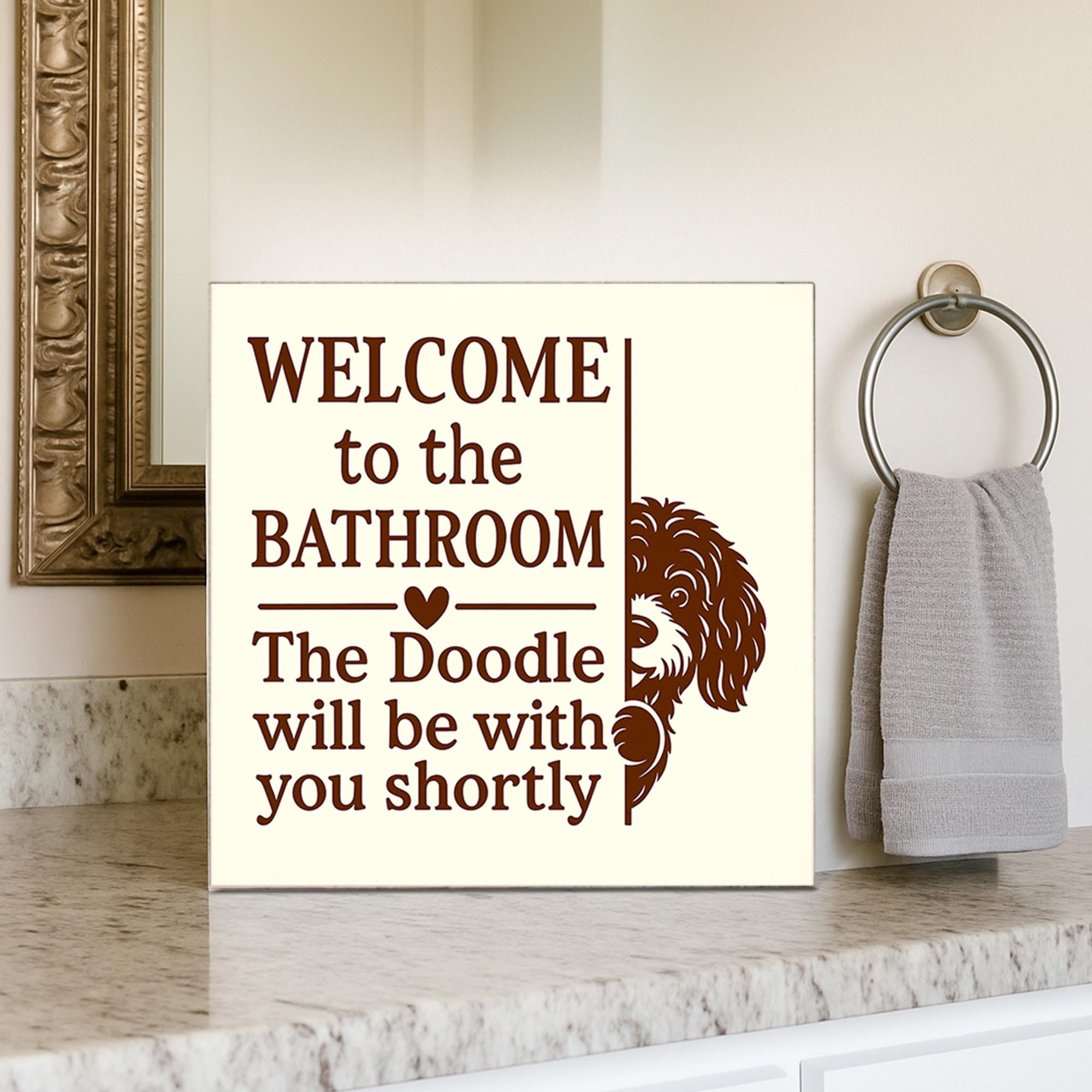 Funny Custom Dog Breed Bathroom Sign, Wooden Wall Decor for Pet Lovers, Doodle Poop Joke Plaque, Personalized Bathroom Gift