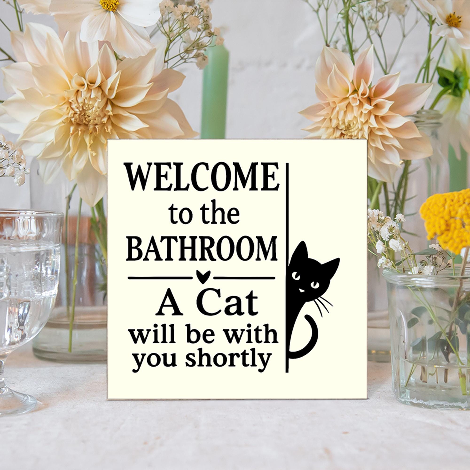 Funny Cat Bathroom Sign, Wooden Wall Decor for Cat Lovers, Welcome Plaque with Cat Joke, Kitty Humor Restroom Gift for Home