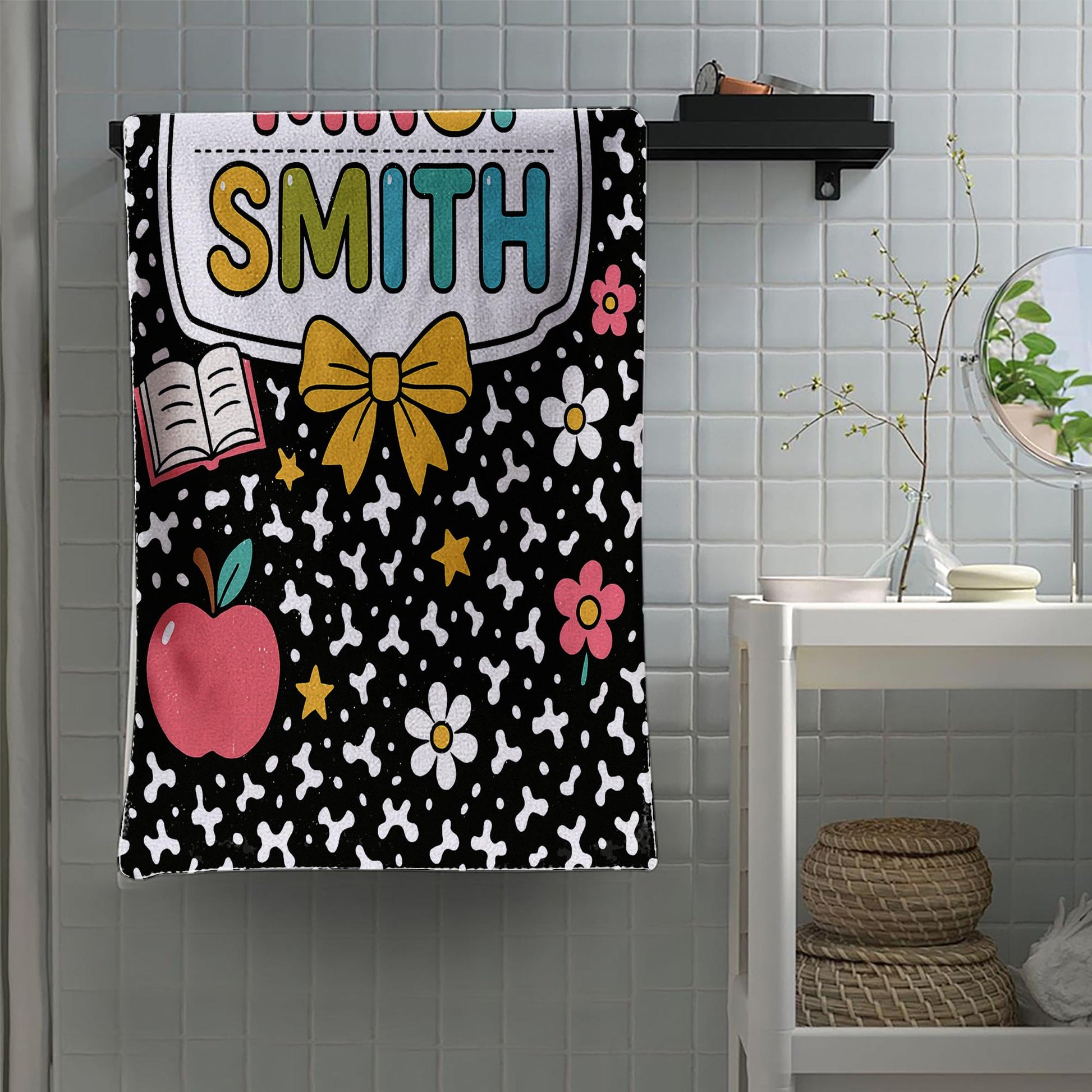 Custom Teacher Towel Gift with Name, Personalized Classroom Towel with Cute School Icons, Back to School or End of Year Teacher Gift