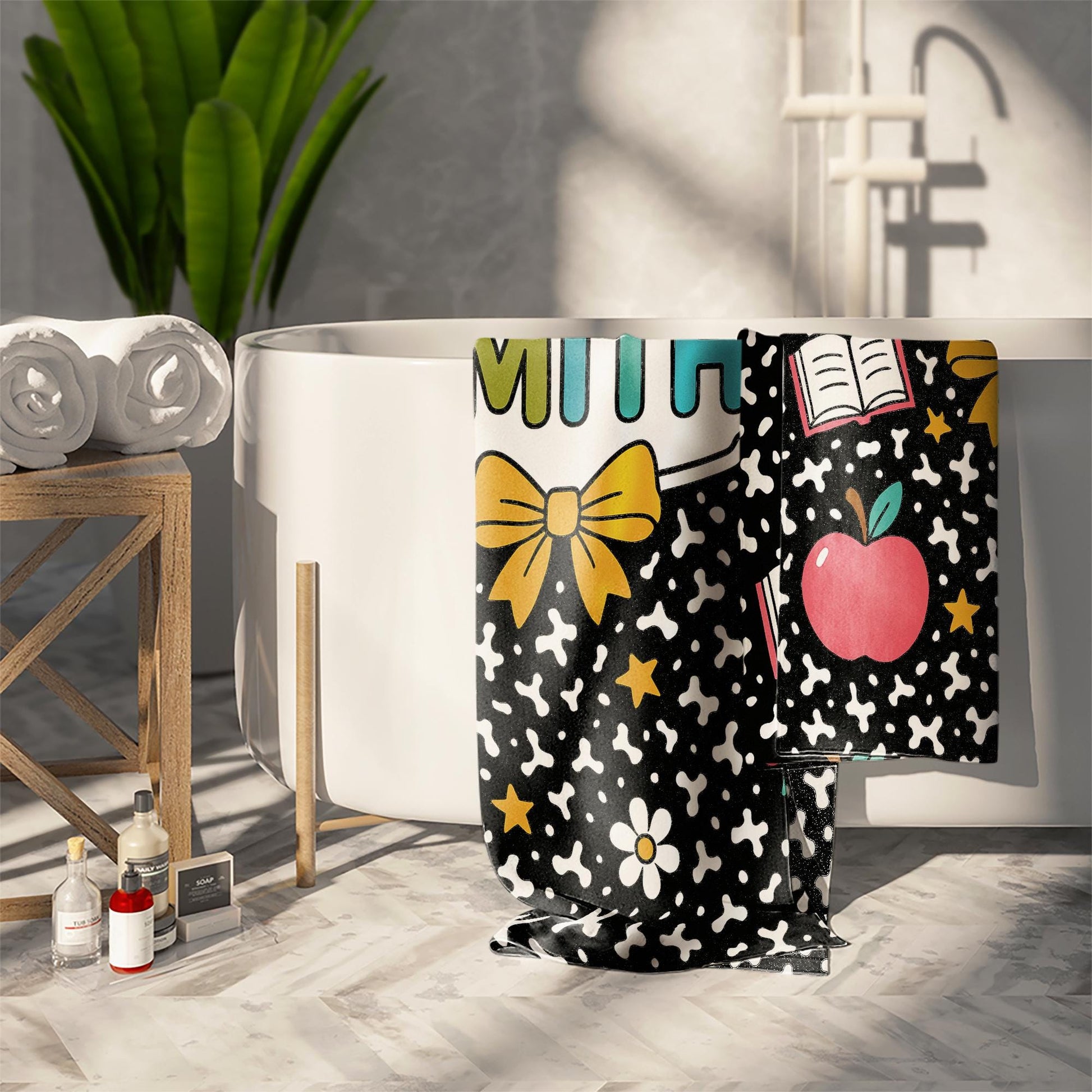 Custom Teacher Towel Gift with Name, Personalized Classroom Towel with Cute School Icons, Back to School or End of Year Teacher Gift