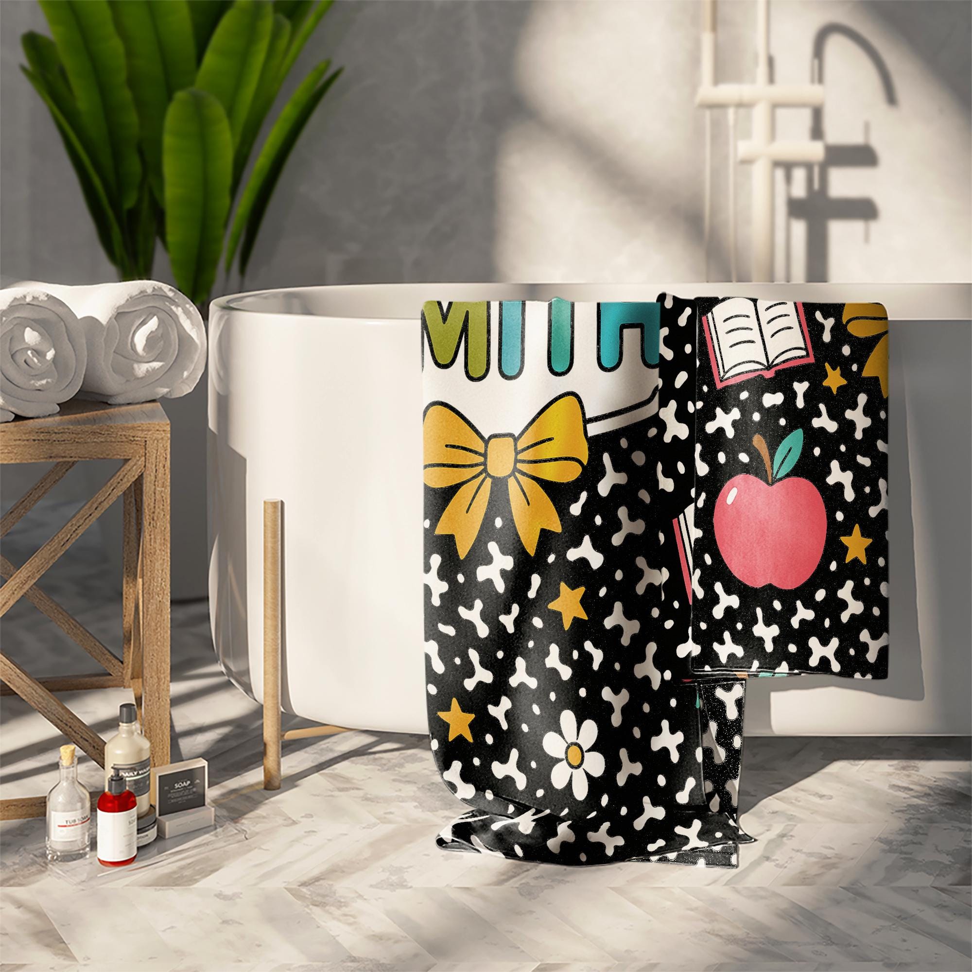 Custom Teacher Towel Gift with Name, Personalized Classroom Towel with Cute School Icons, Back to School or End of Year Teacher Gift