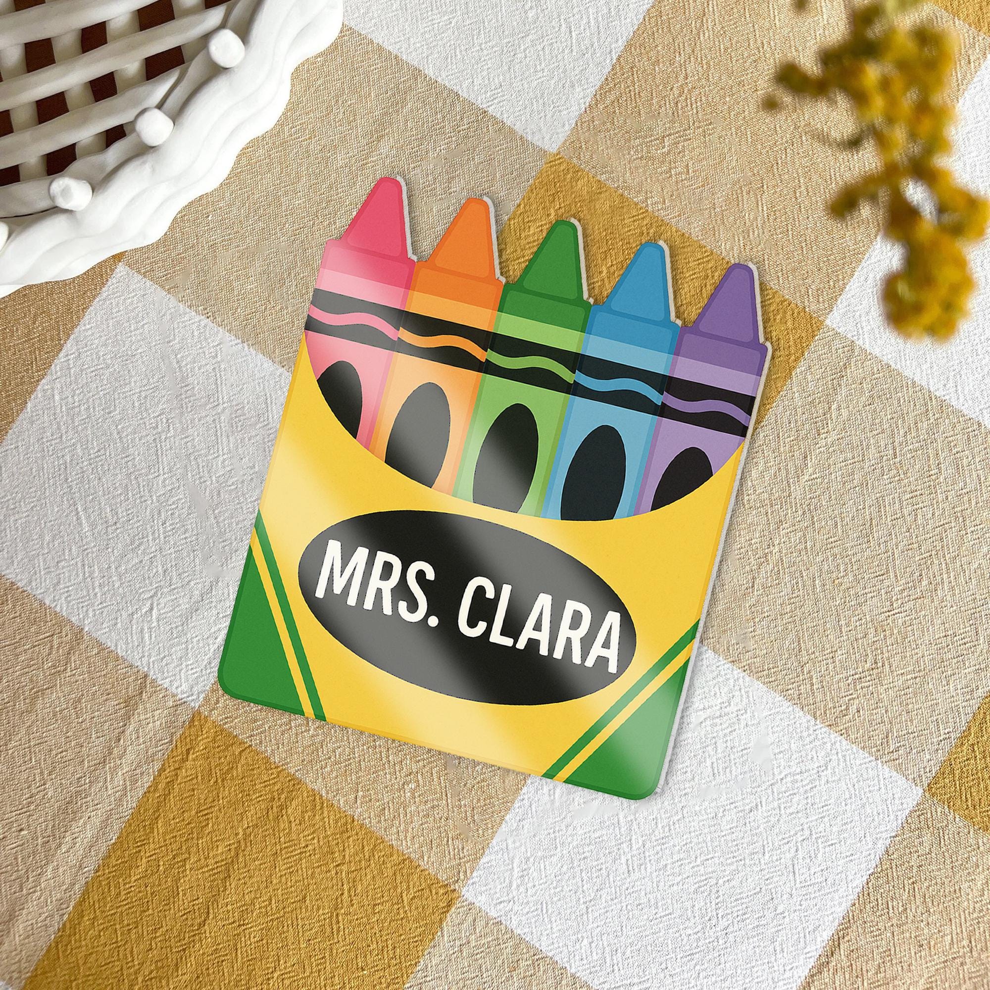 Personalized Teacher Crayon Coaster, Custom Name Acrylic or Wood Drink Mat, Cute School Desk Accessory Gift for Classroom or Office