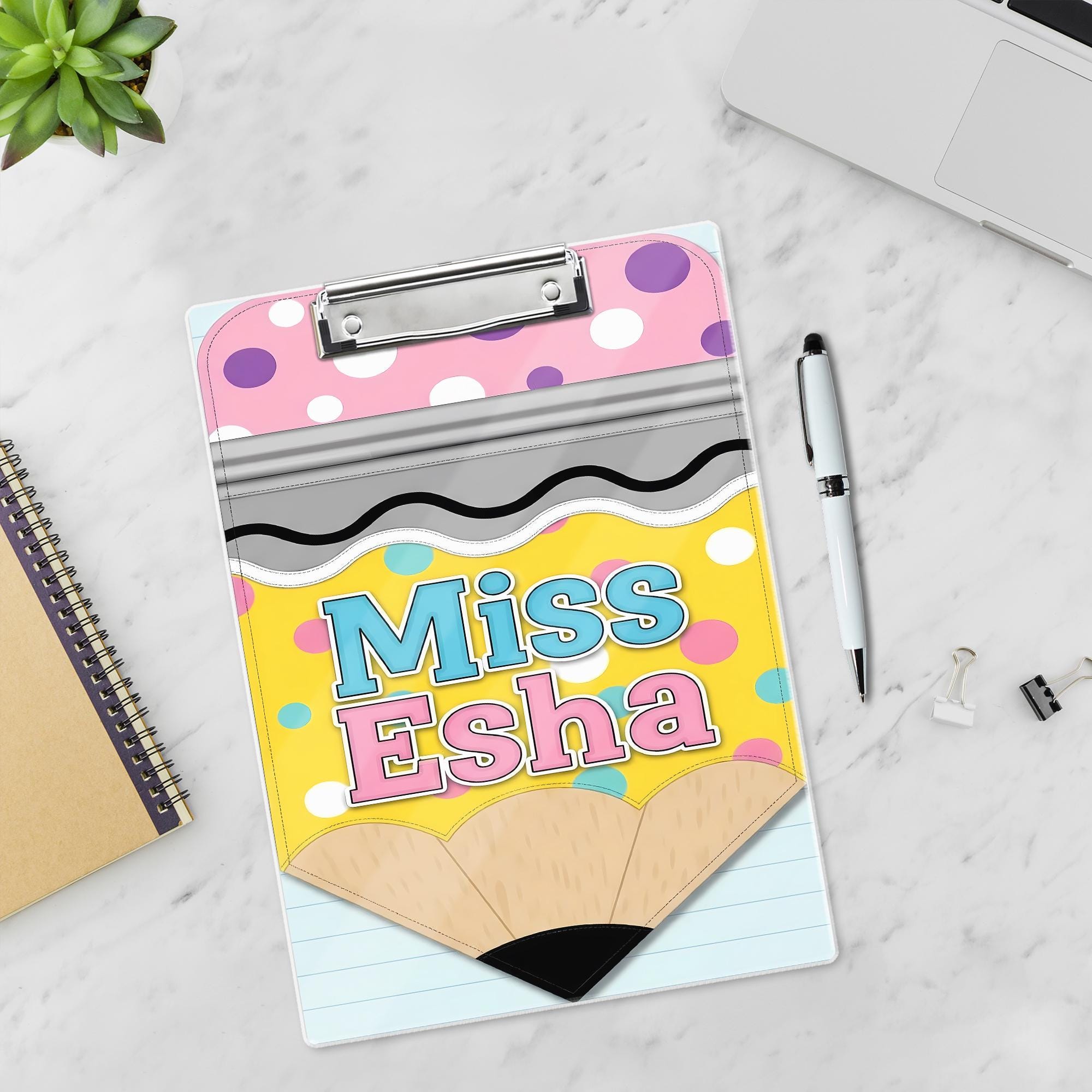 Personalized Teacher Clipboard, Cute Pencil Design, Custom Name Gift, Miss Esha Clipboard, Back to School, Classroom Accessories