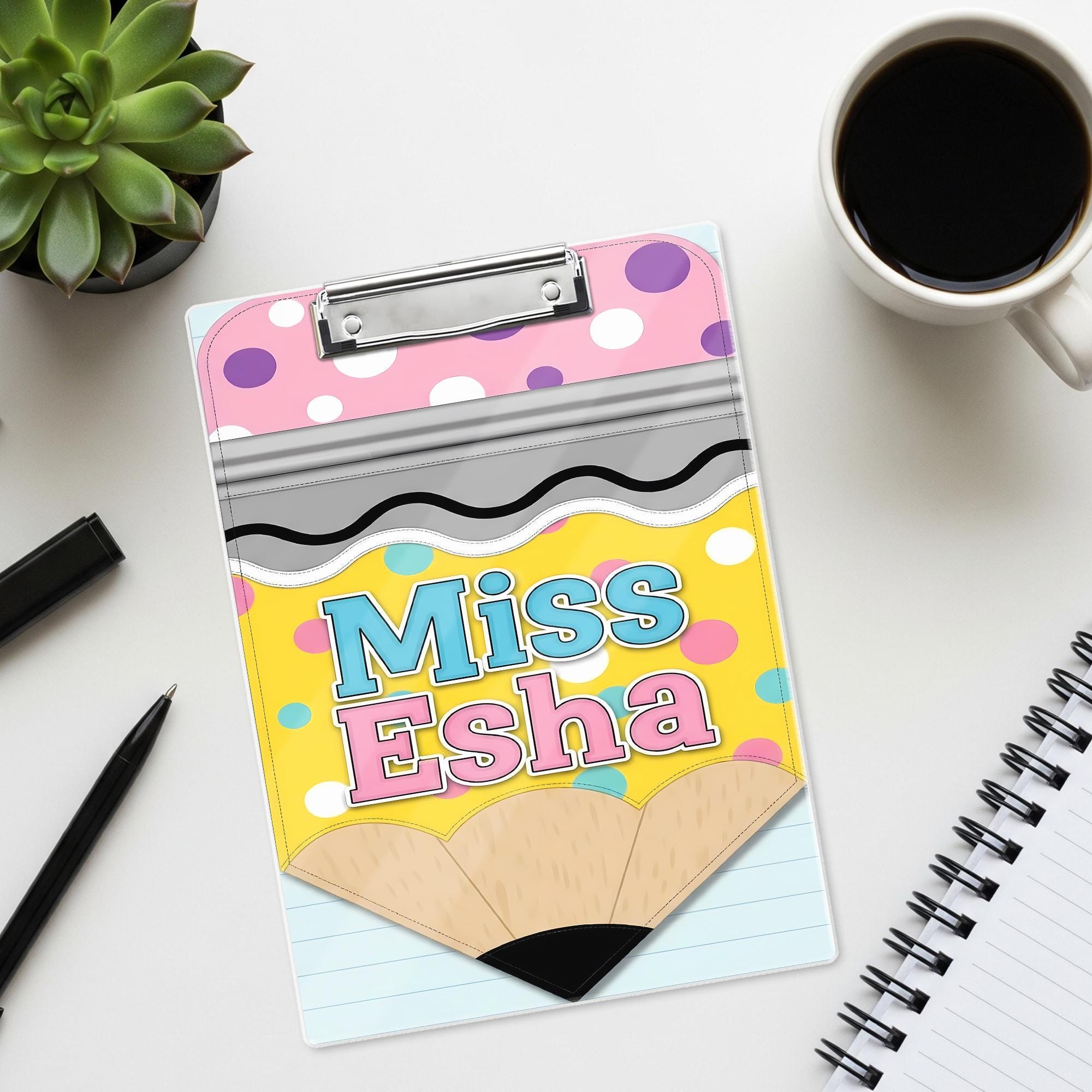 Personalized Teacher Clipboard, Cute Pencil Design, Custom Name Gift, Miss Esha Clipboard, Back to School, Classroom Accessories