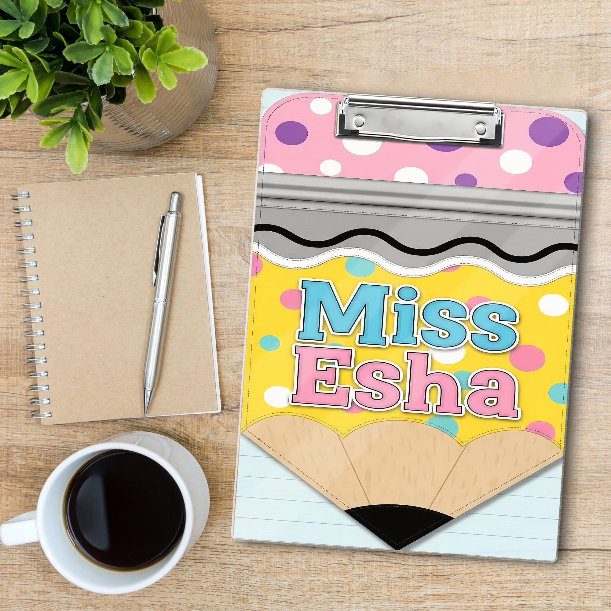 Personalized Teacher Clipboard, Cute Pencil Design, Custom Name Gift, Miss Esha Clipboard, Back to School, Classroom Accessories