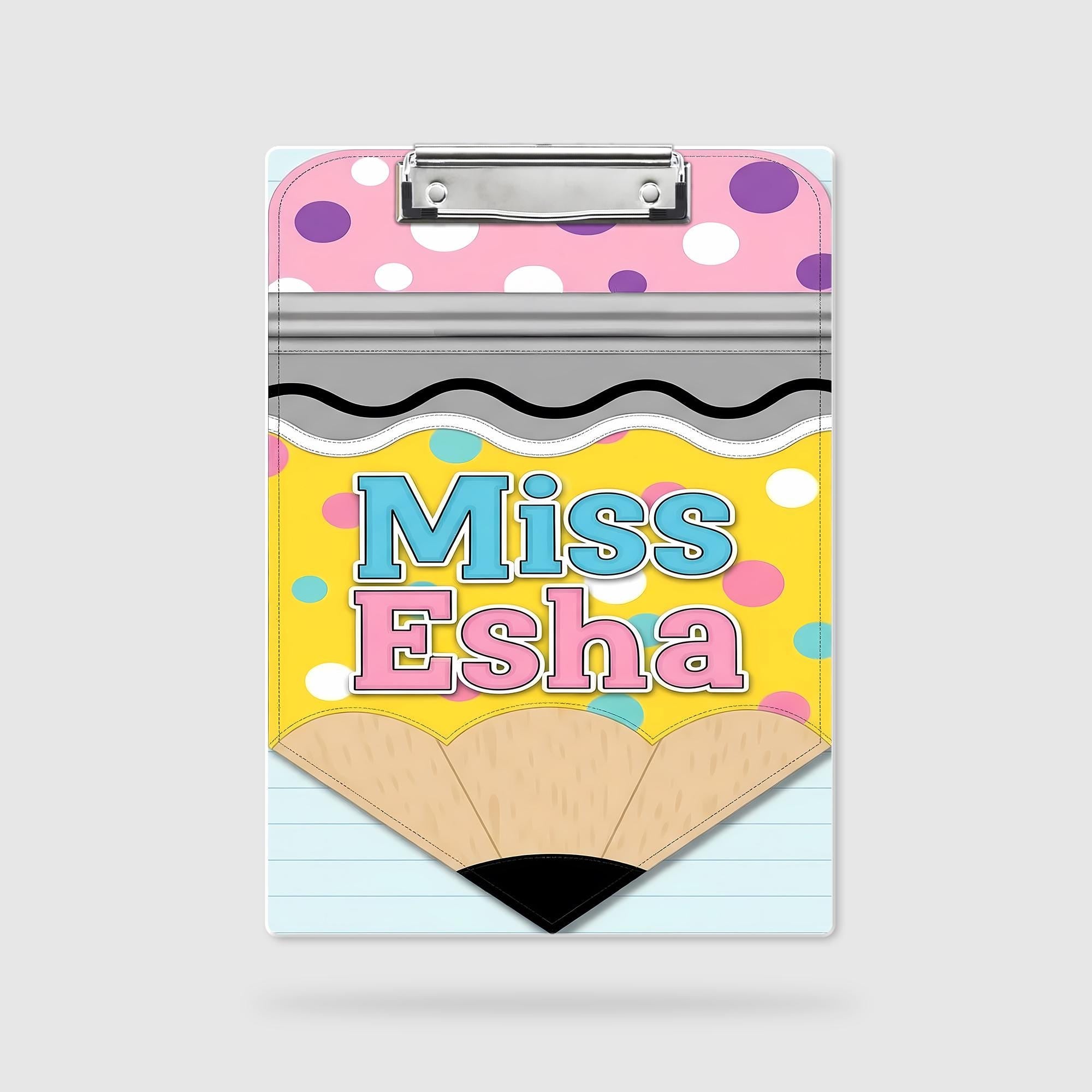 Personalized Teacher Clipboard, Cute Pencil Design, Custom Name Gift, Miss Esha Clipboard, Back to School, Classroom Accessories