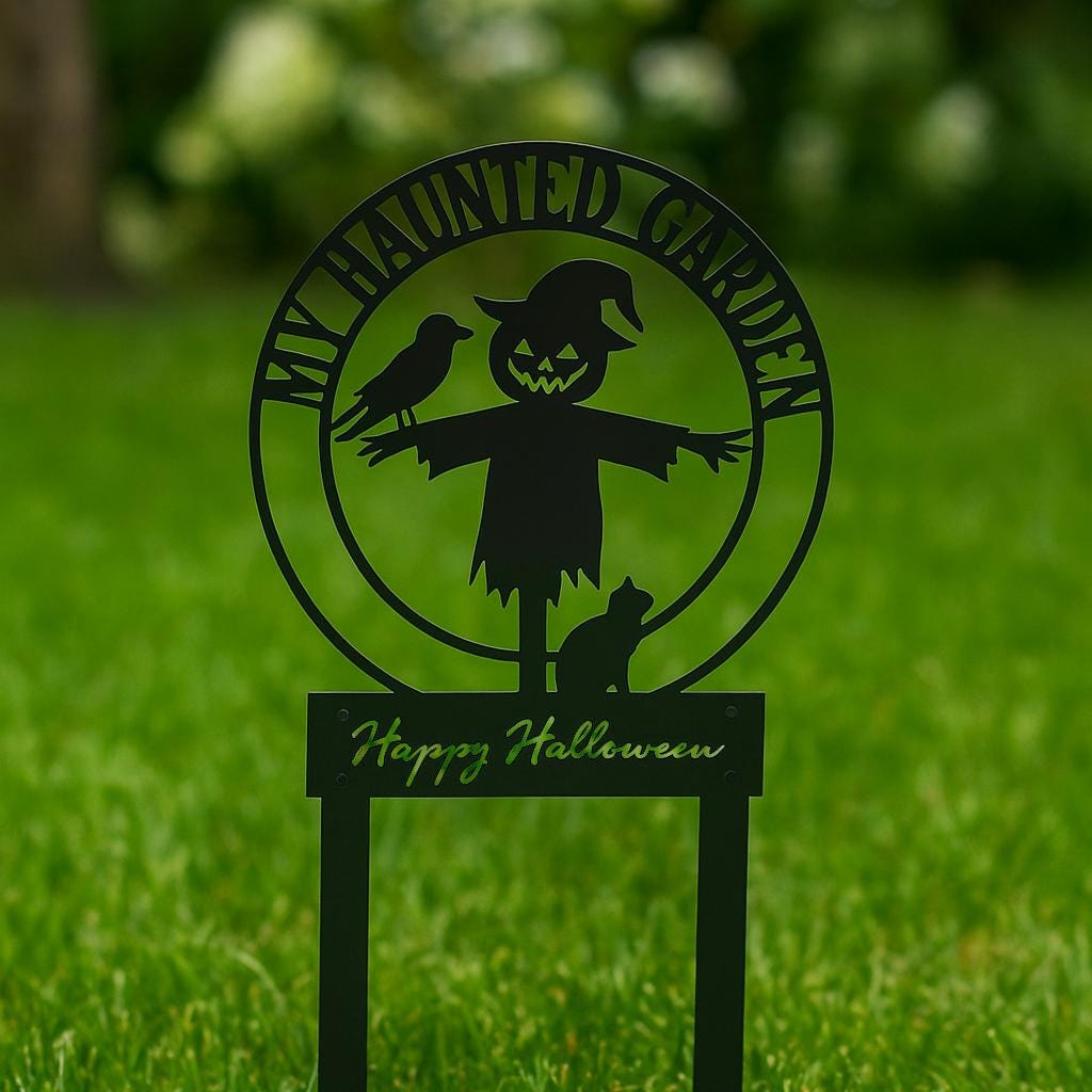My Haunted Garden Metal Sign – Halloween Scarecrow Yard Stake, Spooky Outdoor Decor, Black Cat Raven Welcome Plaque, Fall Gift