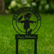 My Haunted Garden Metal Sign – Halloween Scarecrow Yard Stake, Spooky Outdoor Decor, Black Cat Raven Welcome Plaque, Fall Gift