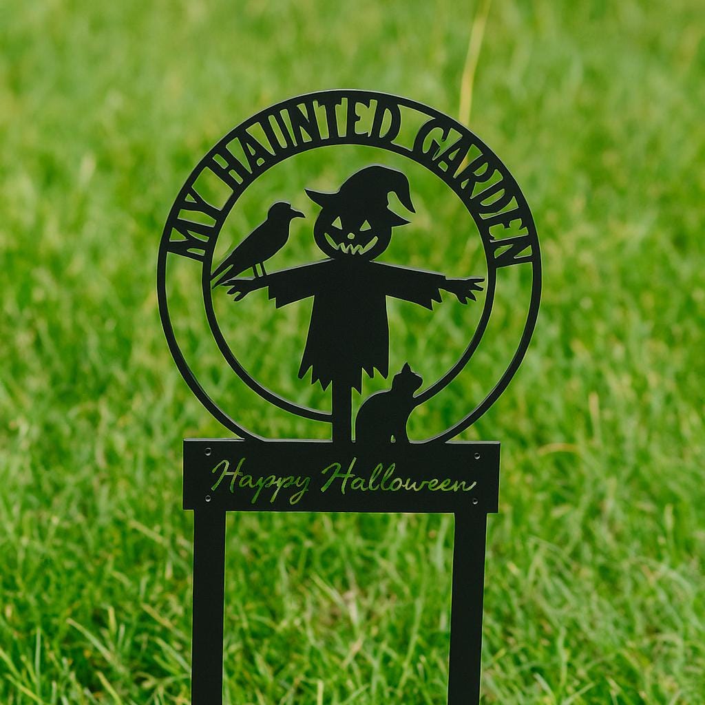 My Haunted Garden Metal Sign – Halloween Scarecrow Yard Stake, Spooky Outdoor Decor, Black Cat Raven Welcome Plaque, Fall Gift