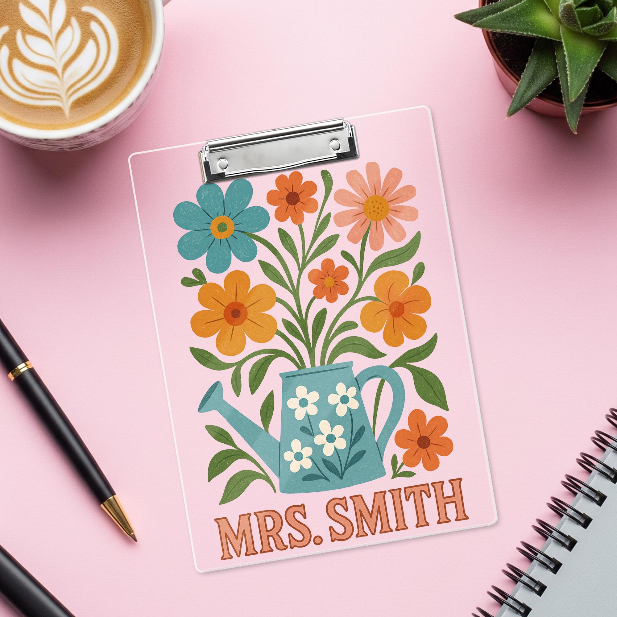Personalized Teacher Clipboard, Custom Floral Clipboard Gift for Teacher, Back to School Gift, Watering Can Flower Design, Teacher Supplies
