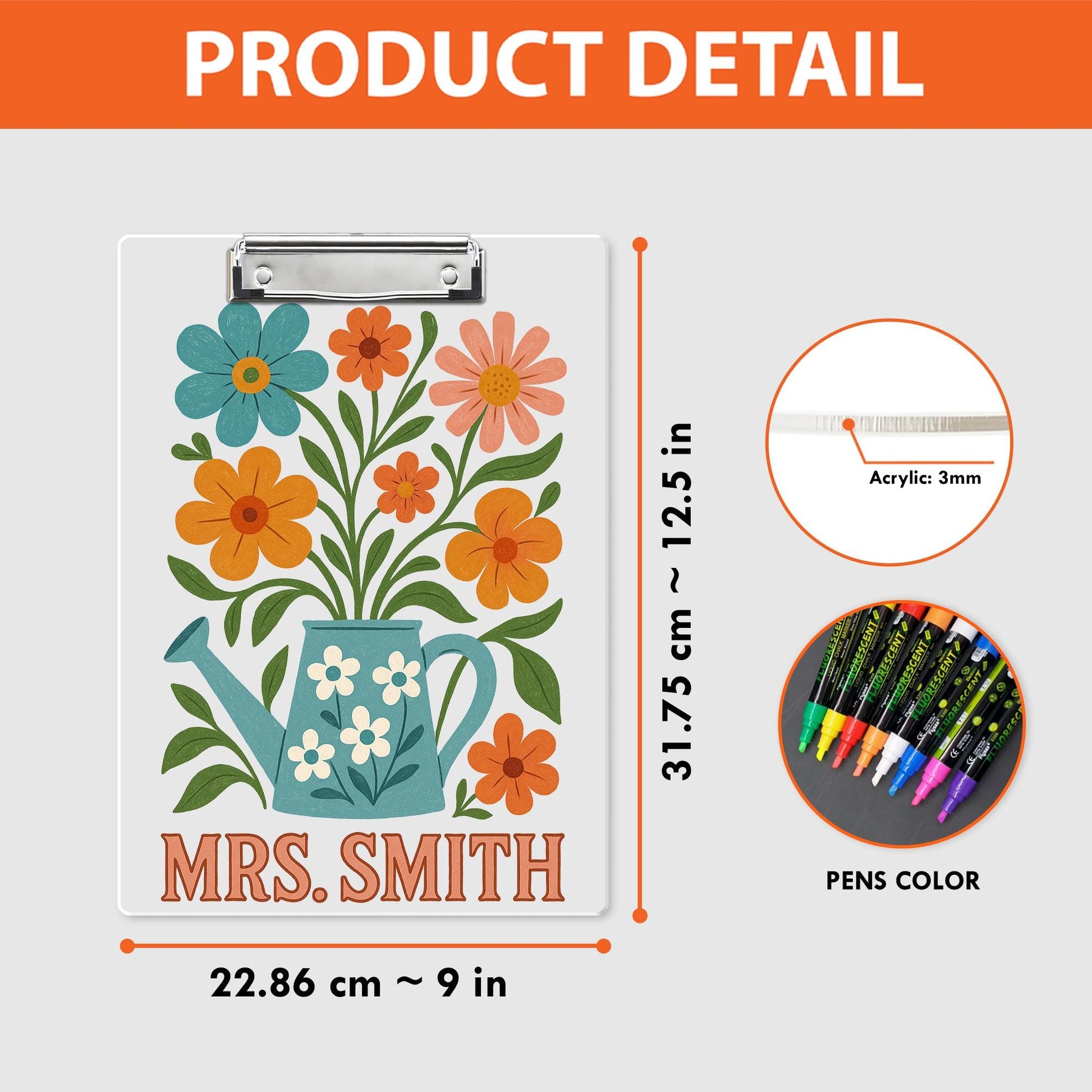 Personalized Teacher Clipboard, Custom Floral Clipboard Gift for Teacher, Back to School Gift, Watering Can Flower Design, Teacher Supplies