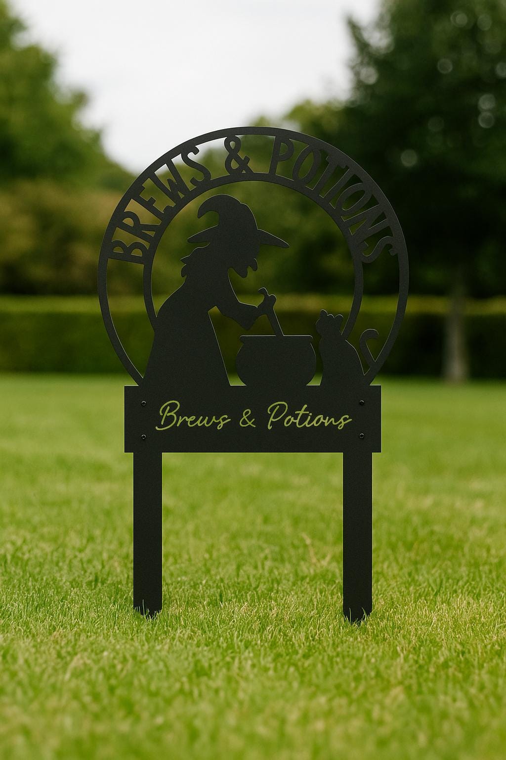 Brews & Potions Metal Sign – Witch Cauldron Garden Stake with Cat, Personalized Halloween Decor, Spooky Yard Sign, Fall Witch Gift