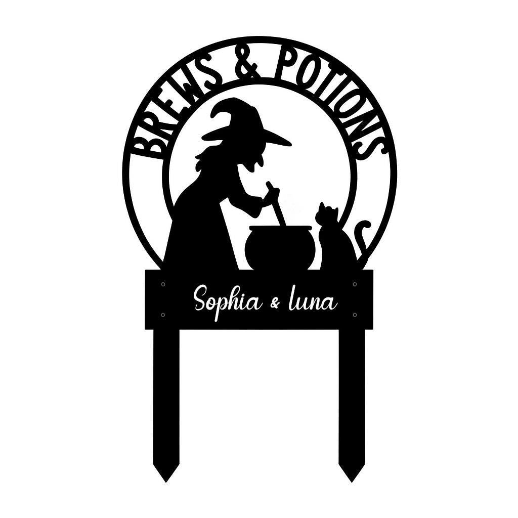 Brews & Potions Metal Sign – Witch Cauldron Garden Stake with Cat, Personalized Halloween Decor, Spooky Yard Sign, Fall Witch Gift