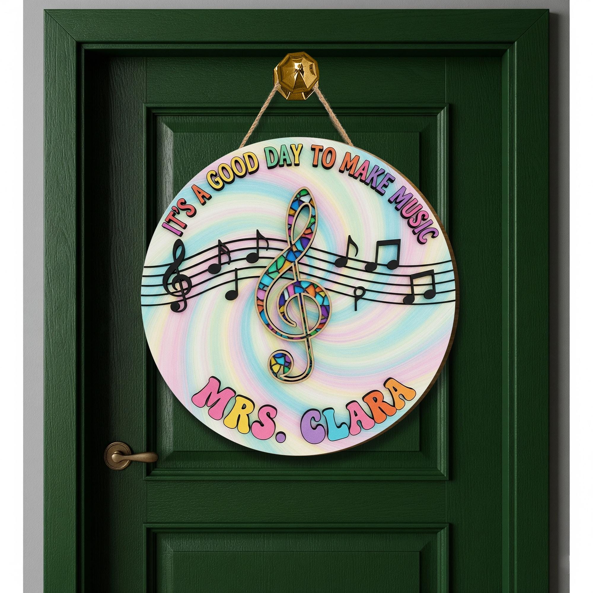 Custom Music Teacher Sign, 3D Wooden Classroom Decor for Music Classroom, Rainbow Treble Clef, Back to School Door Sign