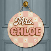 Custom Teacher Name Sign, 3D Wooden Sign for Teacher, Pink Gingham Floral Decor, Back to School Door Hanger, Retro Classroom Decor