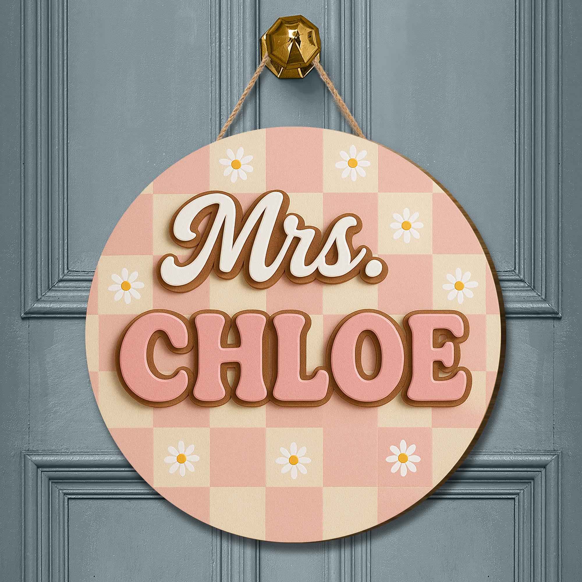 Custom Teacher Name Sign, 3D Wooden Sign for Teacher, Pink Gingham Floral Decor, Back to School Door Hanger, Retro Classroom Decor