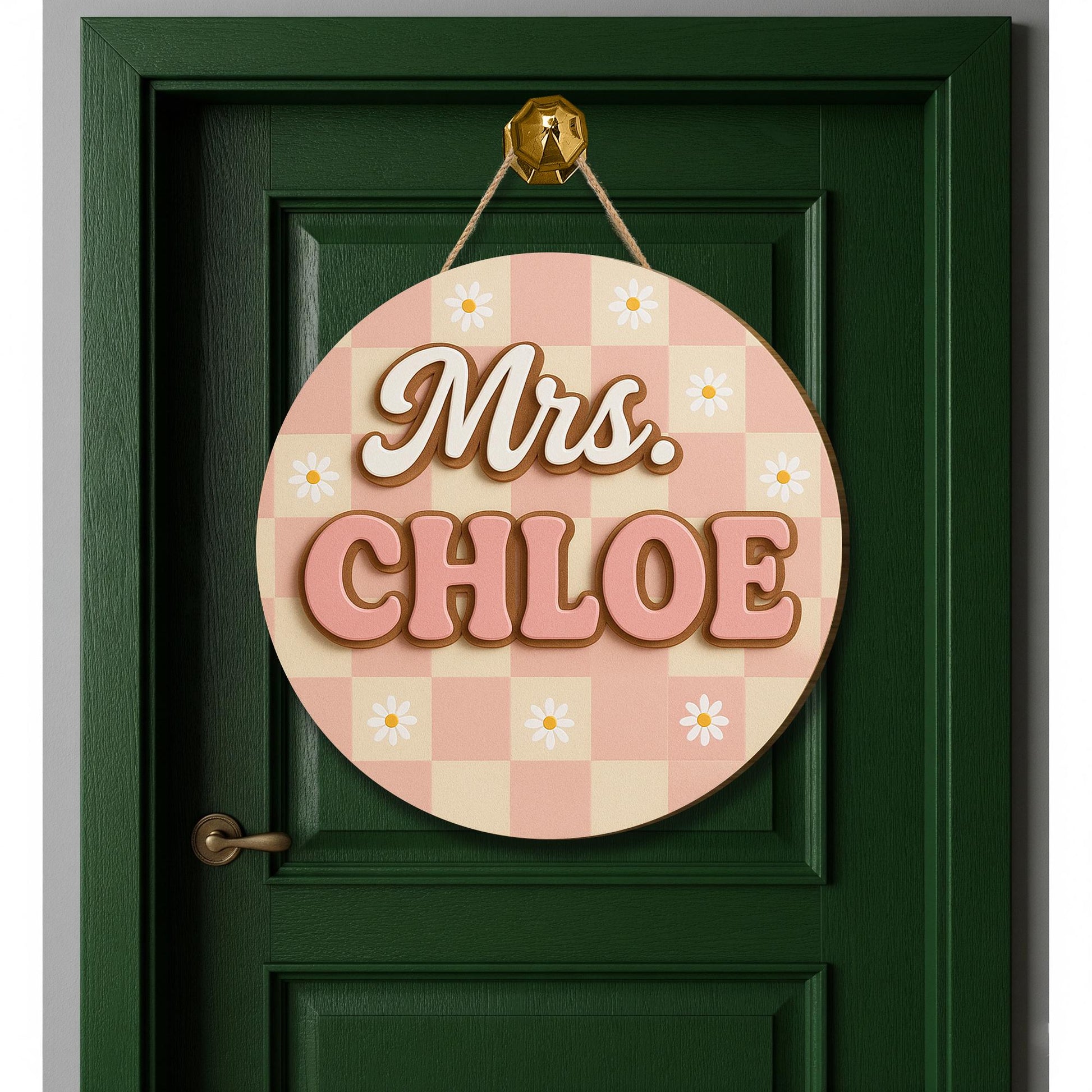 Custom Teacher Name Sign, 3D Wooden Sign for Teacher, Pink Gingham Floral Decor, Back to School Door Hanger, Retro Classroom Decor