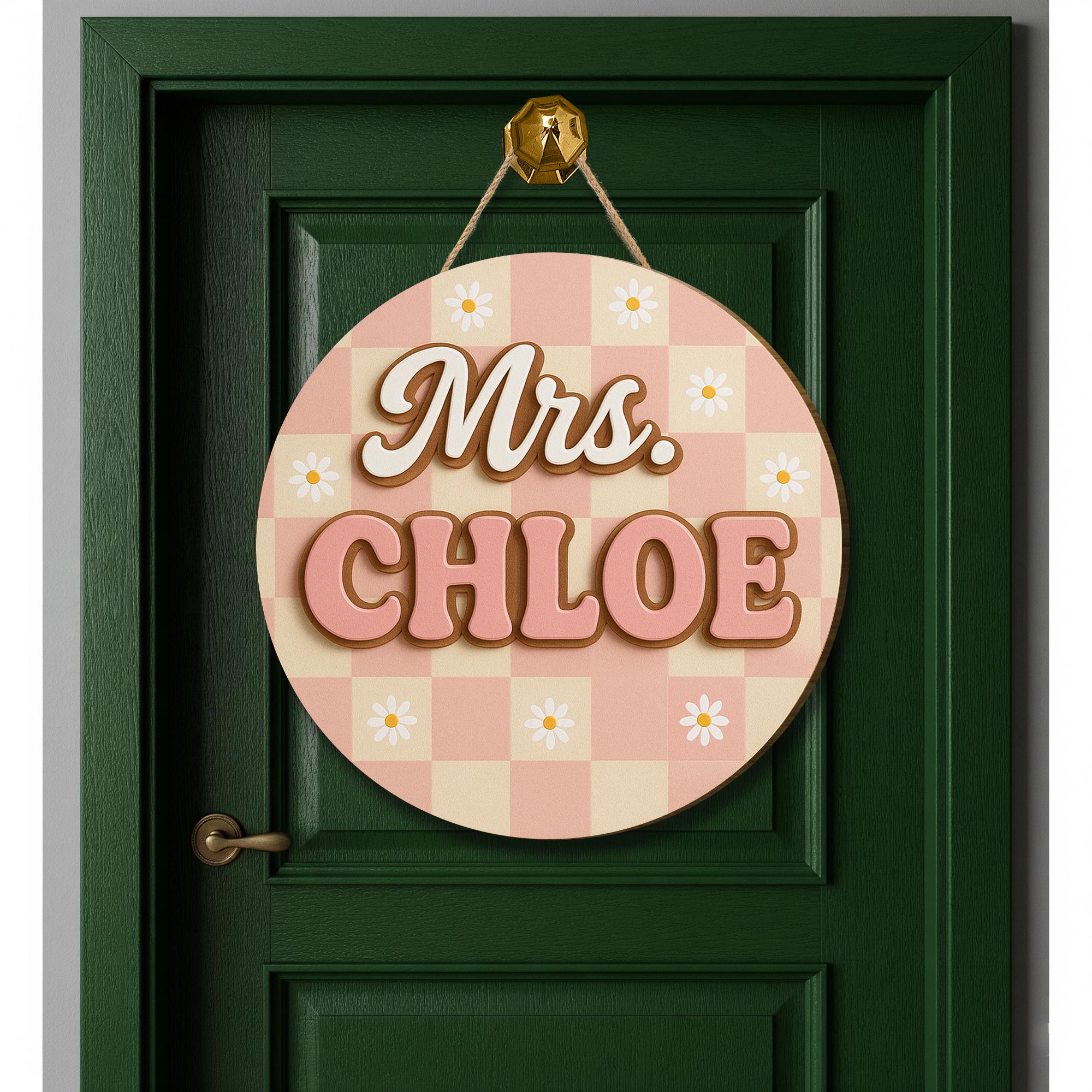 Custom Teacher Name Sign, 3D Wooden Sign for Teacher, Pink Gingham Floral Decor, Back to School Door Hanger, Retro Classroom Decor